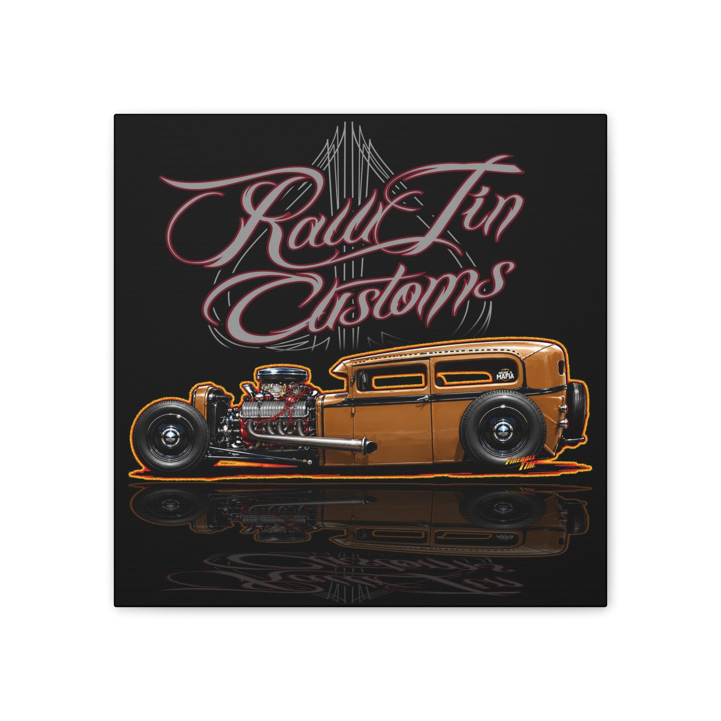 RAWTIN CUSTOMS HOT ROD Collectible Fireball Art Canvas Stretched Print