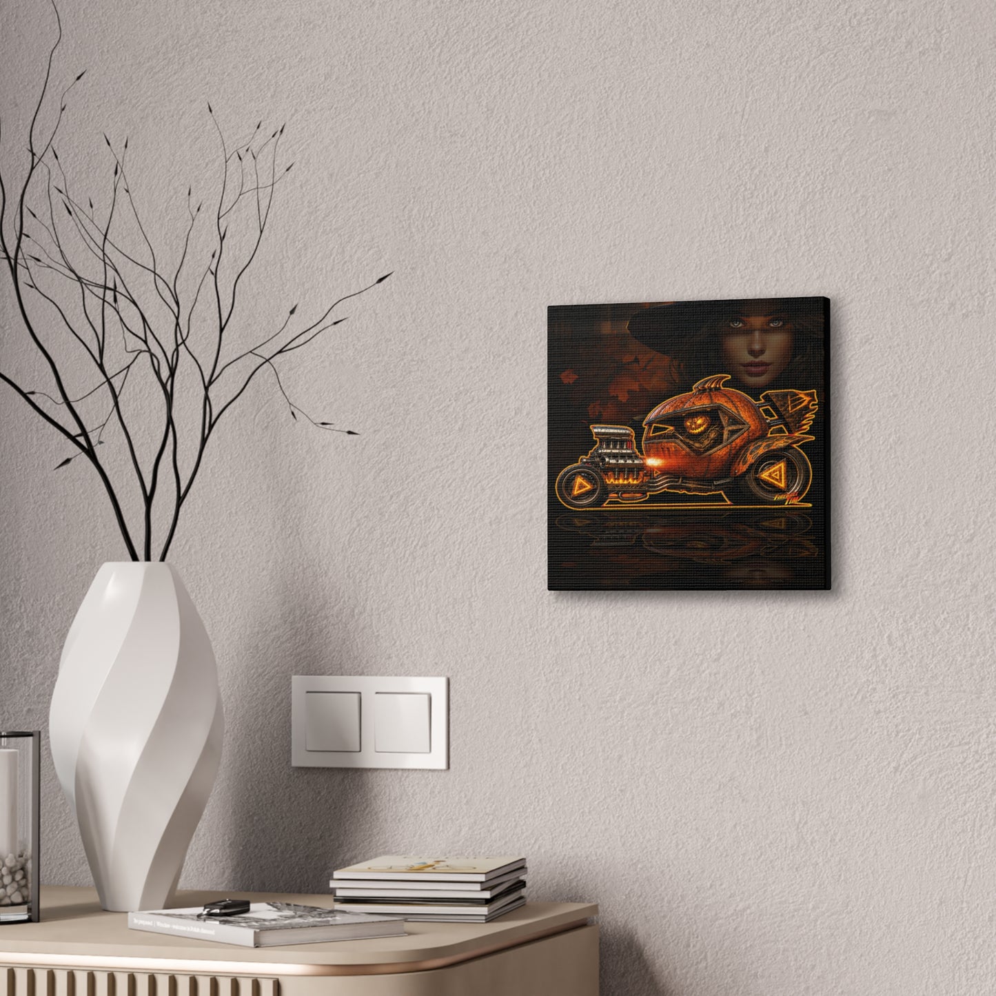 MONSTER MACHINES Halloween Power Pumpkin Collectible Fireball Art Canvas Stretched Print