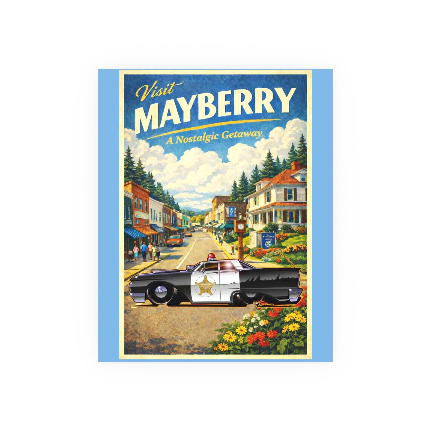 VISIT MAYBERRY Andy Griffith Police Car Vintage Fireball Art Travel Poster Satin/Matte