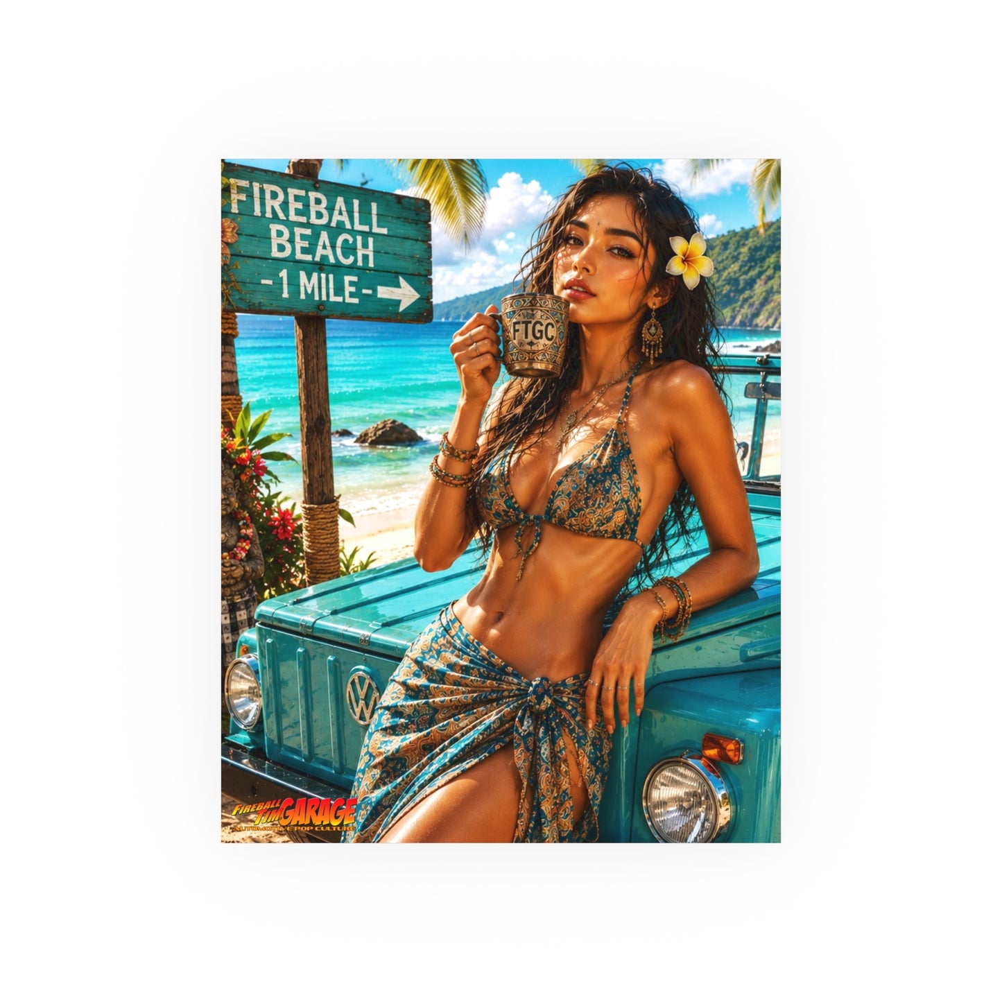 BALI BEACH VW Thing Vintage Fireball Art Travel Poster Satin/Matte