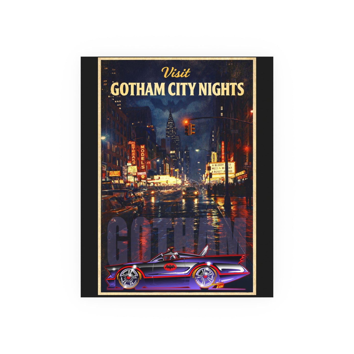 VISIT GOTHAM CITY NIGHTS 1966 Batmobile Vintage Fireball Art Travel Poster Satin/Matte
