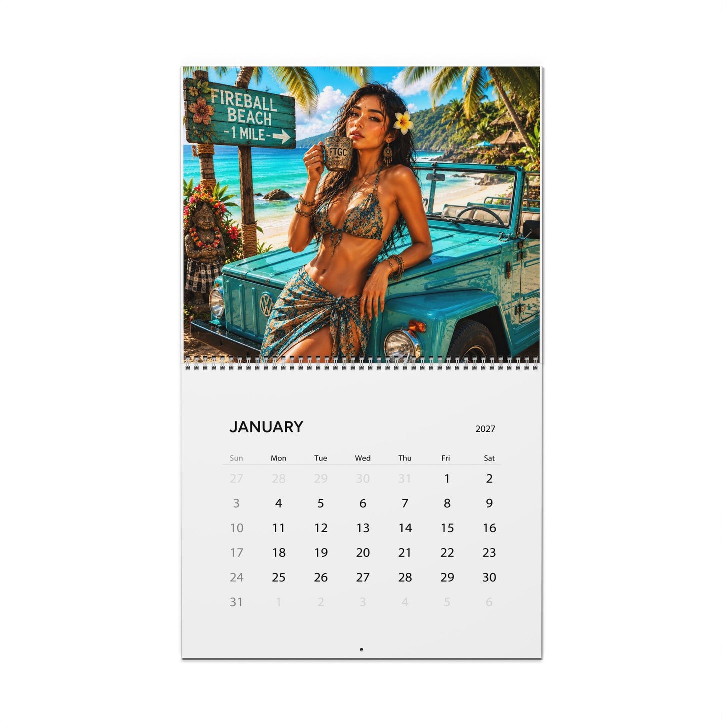 FIREBALL TIM GARAGE Coffee Pinup Art 2027 Wall Calendar - 8.5x11