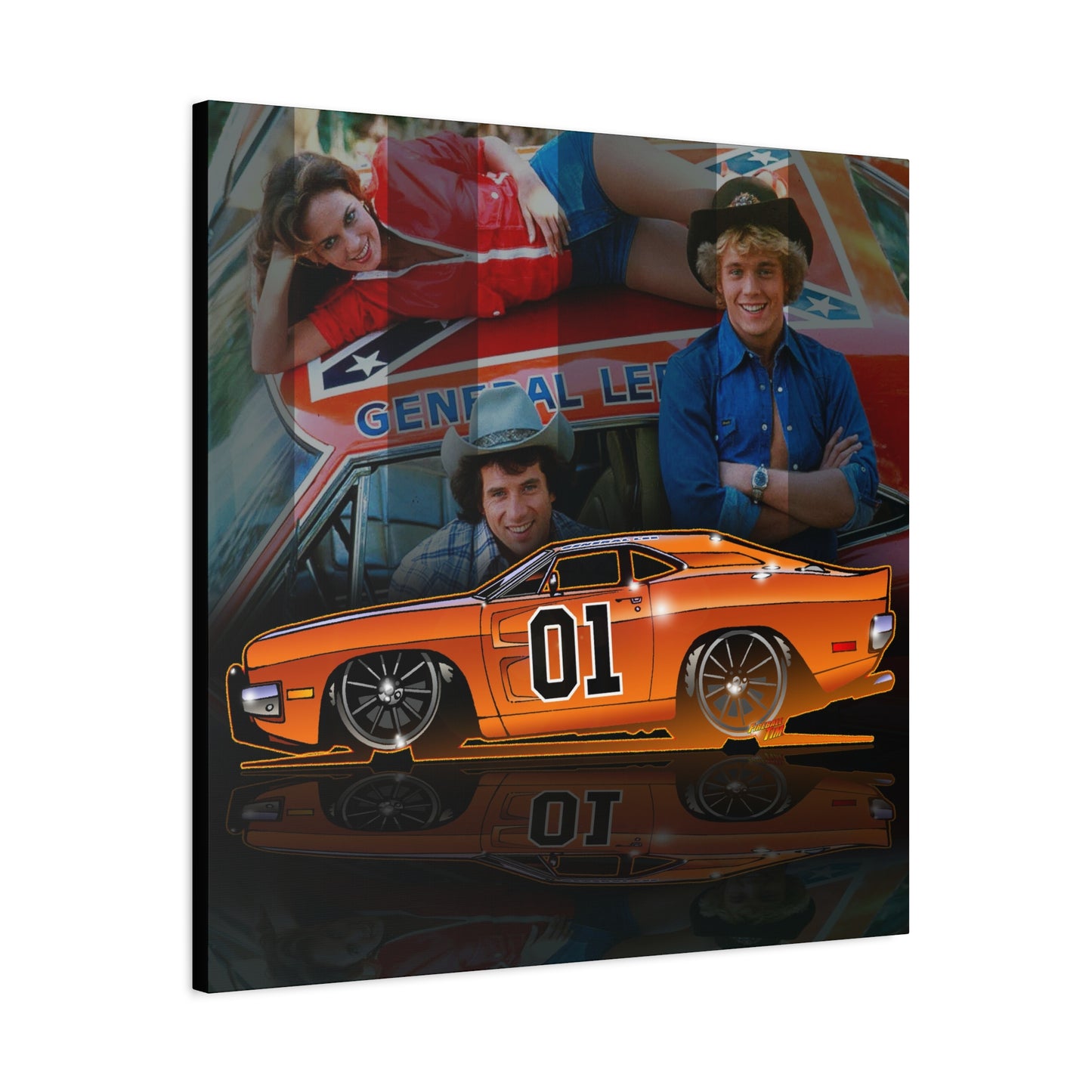 DUKES OF HAZZARD General Lee Dodge Charger Fireball Art Canvas Wall Print - 12x12