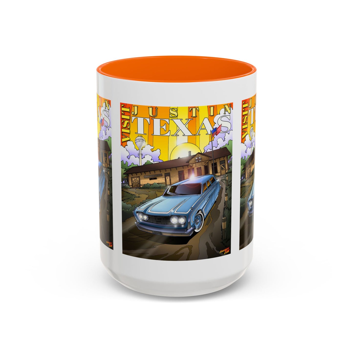 VISIT JUSTIN TEXAS 1960 Ford Ranch Wagon Fireball Art Coffee Mug