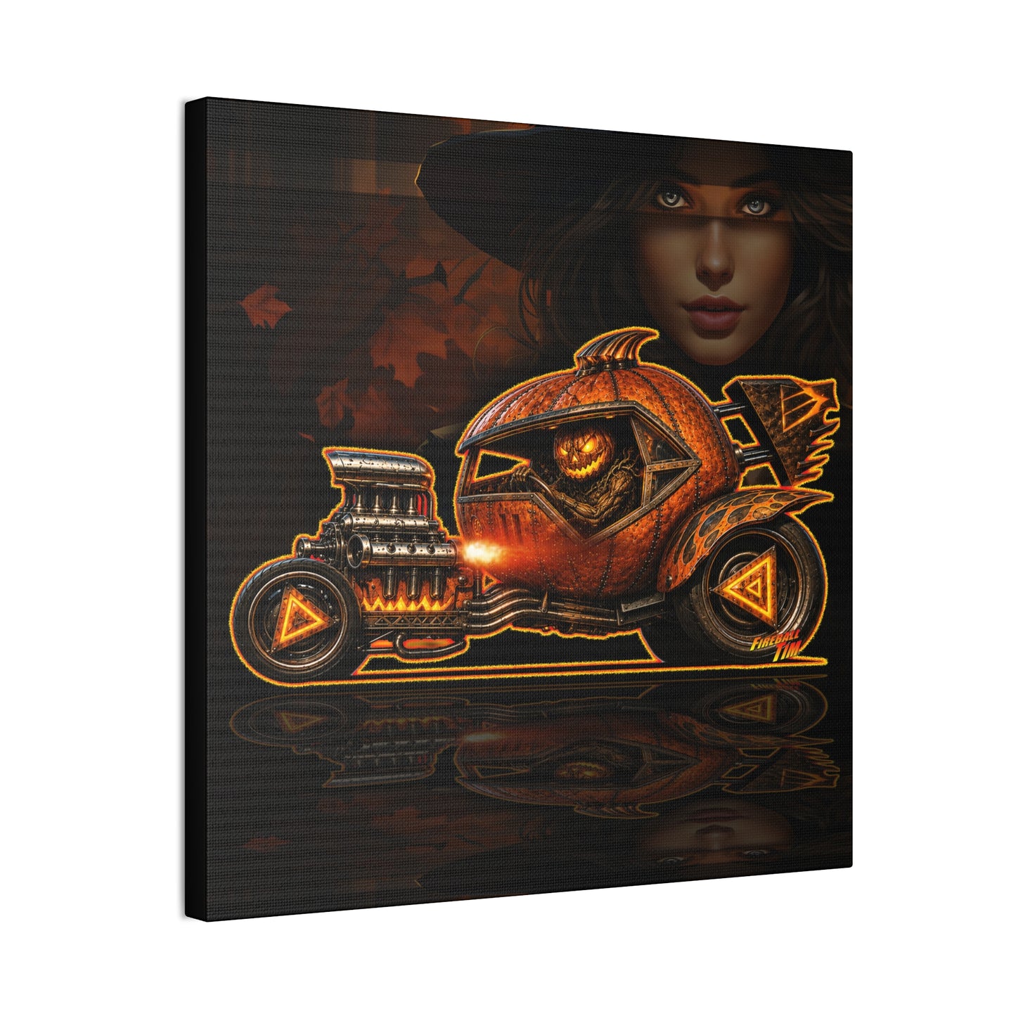MONSTER MACHINES Halloween Power Pumpkin Collectible Fireball Art Canvas Stretched Print