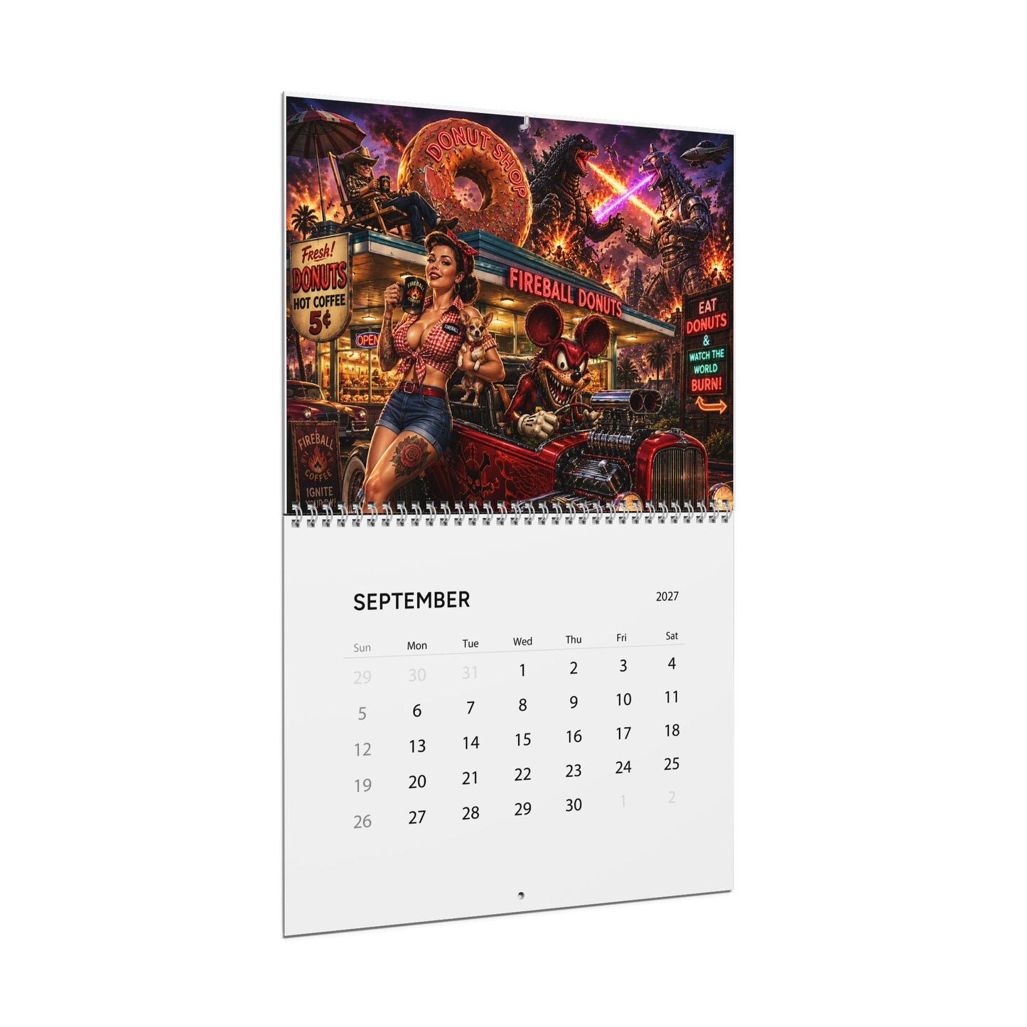 FIREBALL TIM GARAGE Coffee Pinup Art 2027 Wall Calendar - 8.5x11