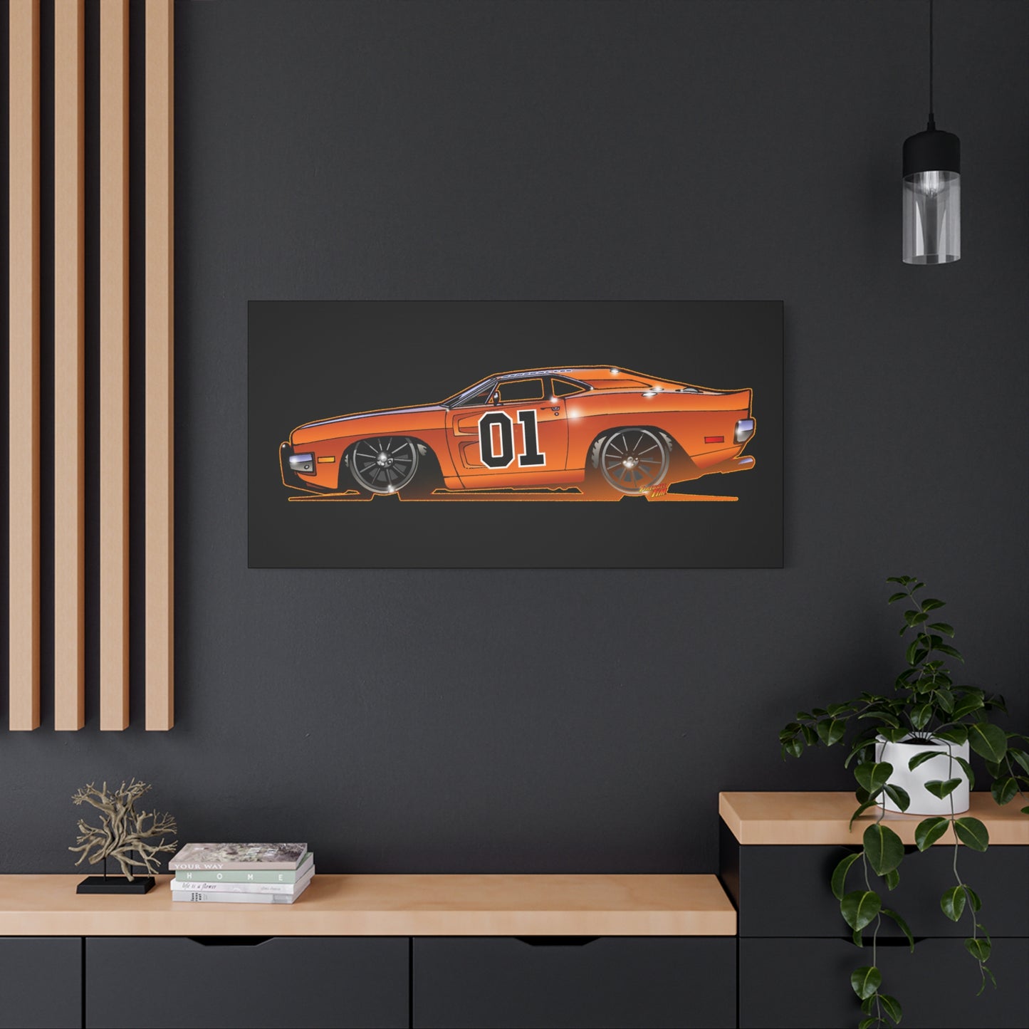 DUKES OF HAZZARD General Lee Dodge Charger Fireball Art Canvas Wall Print