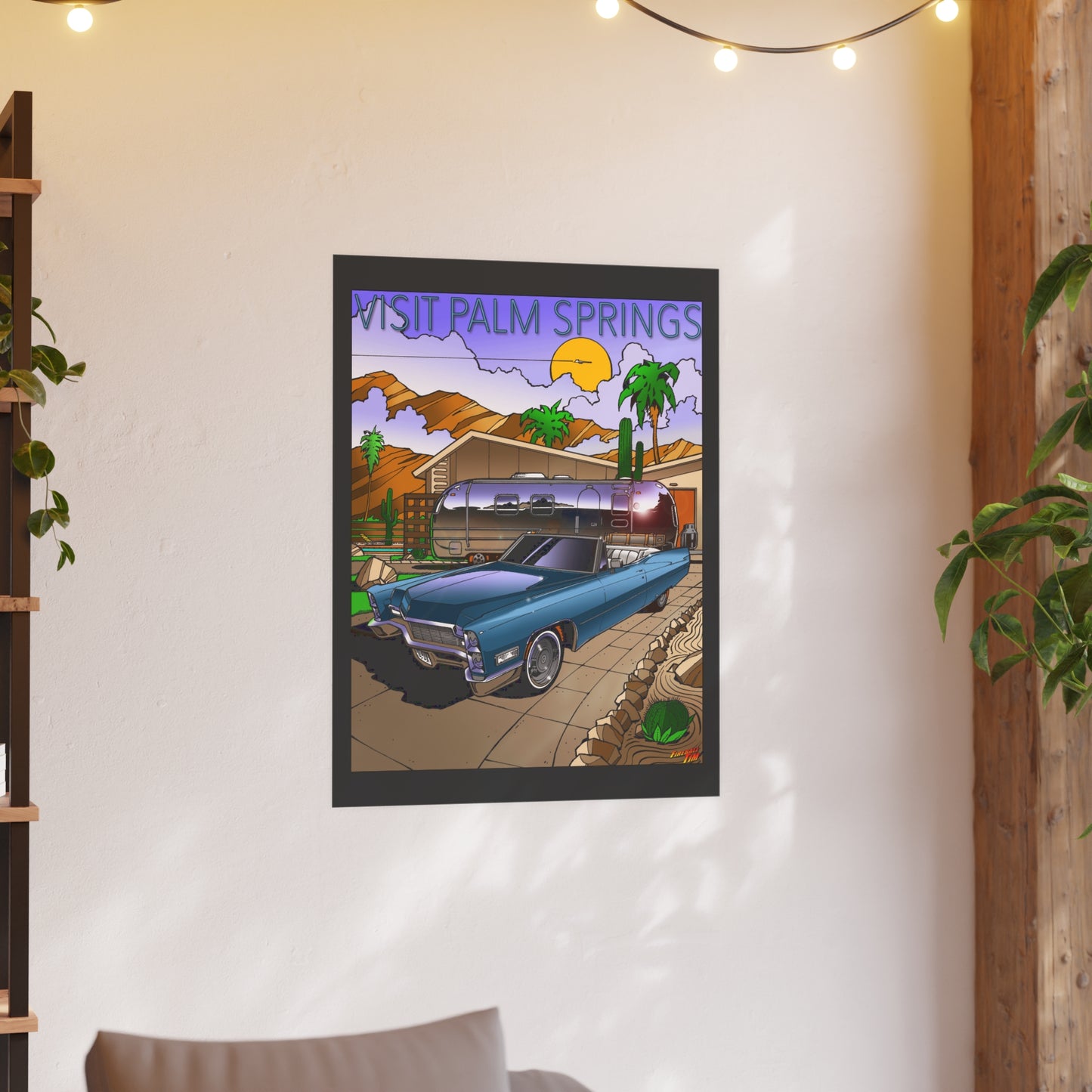 VISIT PALM SPRINGS Vintage 1965 Cadillac and Trailer Satin/Matte Fireball Art Poster
