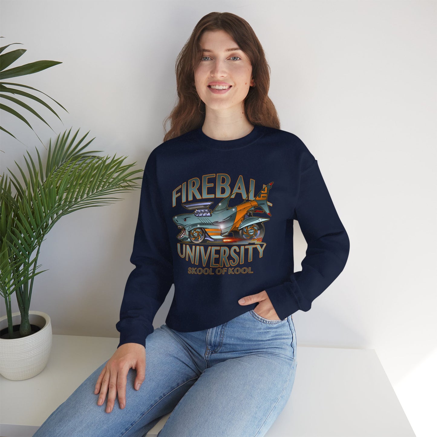 FIREBALL UNIVERSITY Skool of Kool Maneater Shark Hot Rod Concept Art Sweatshirt 5 Colors