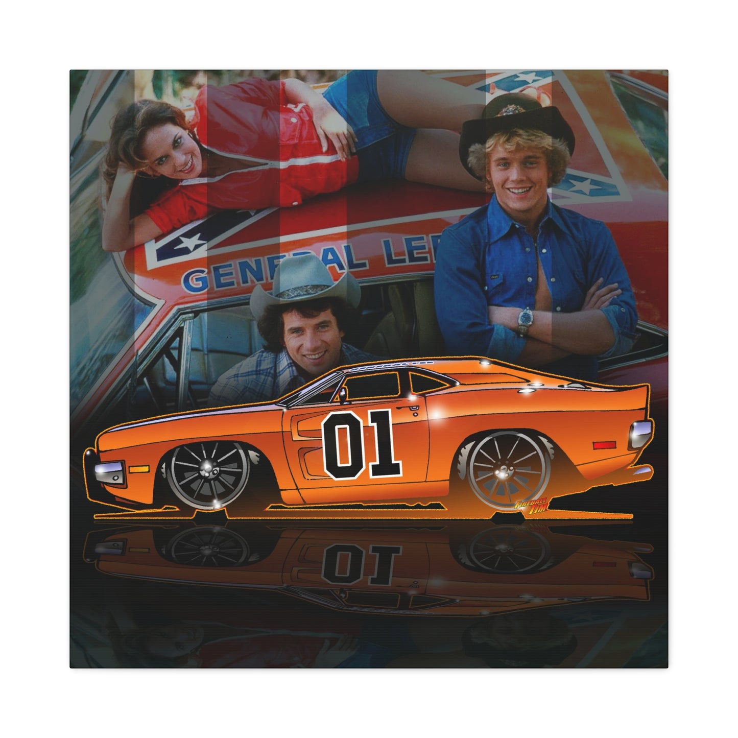DUKES OF HAZZARD General Lee Dodge Charger Fireball Art Canvas Wall Print - 12x12