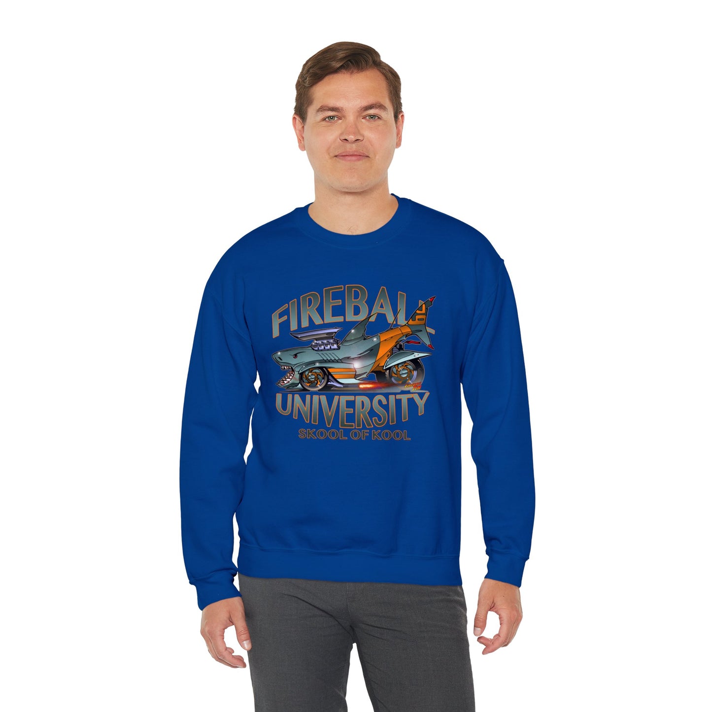 FIREBALL UNIVERSITY Skool of Kool Maneater Shark Hot Rod Concept Art Sweatshirt 5 Colors