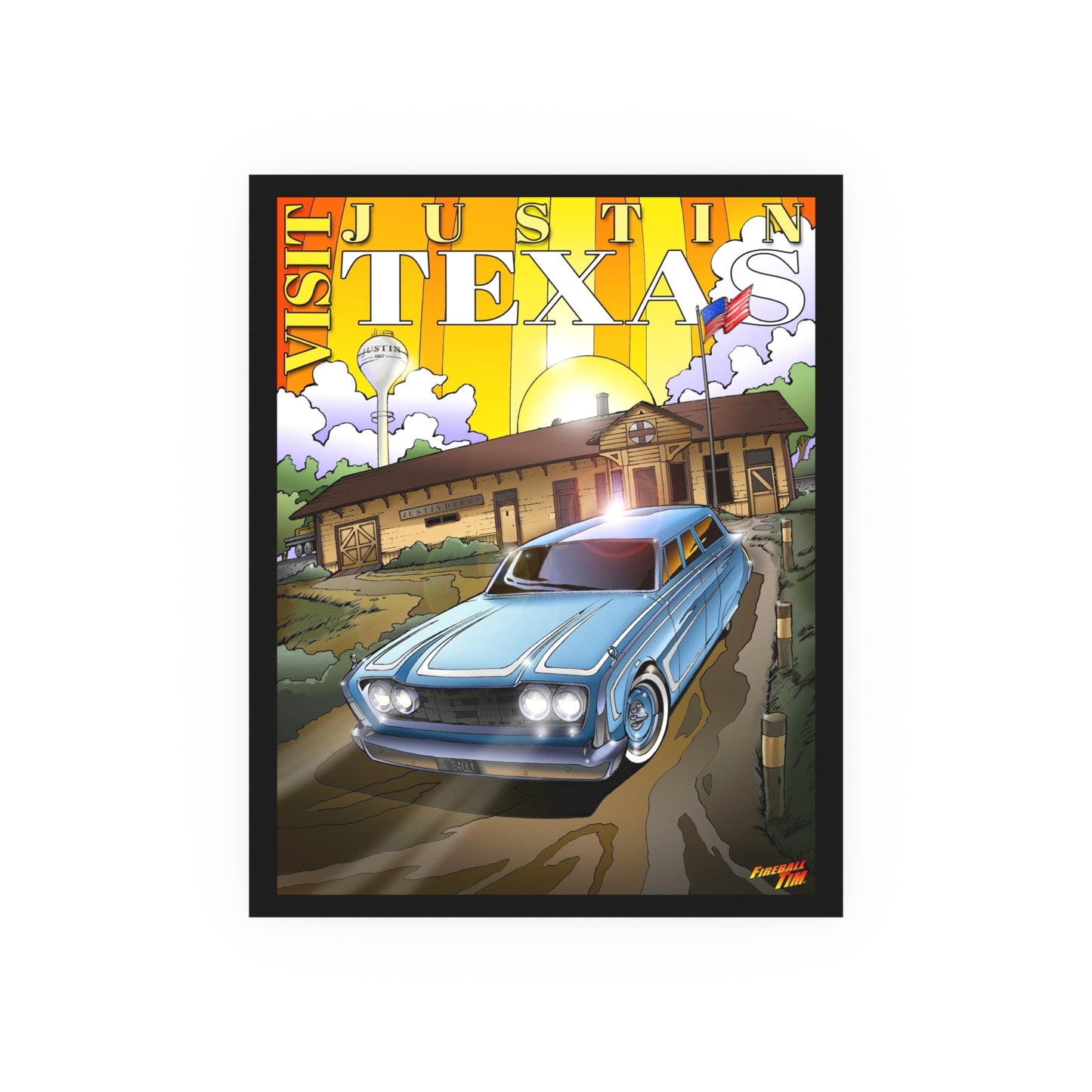 VISIT JUSTIN TEXAS Vintage 1960 Ford Ranch Wagon Satin/Matte Fireball Art Poster