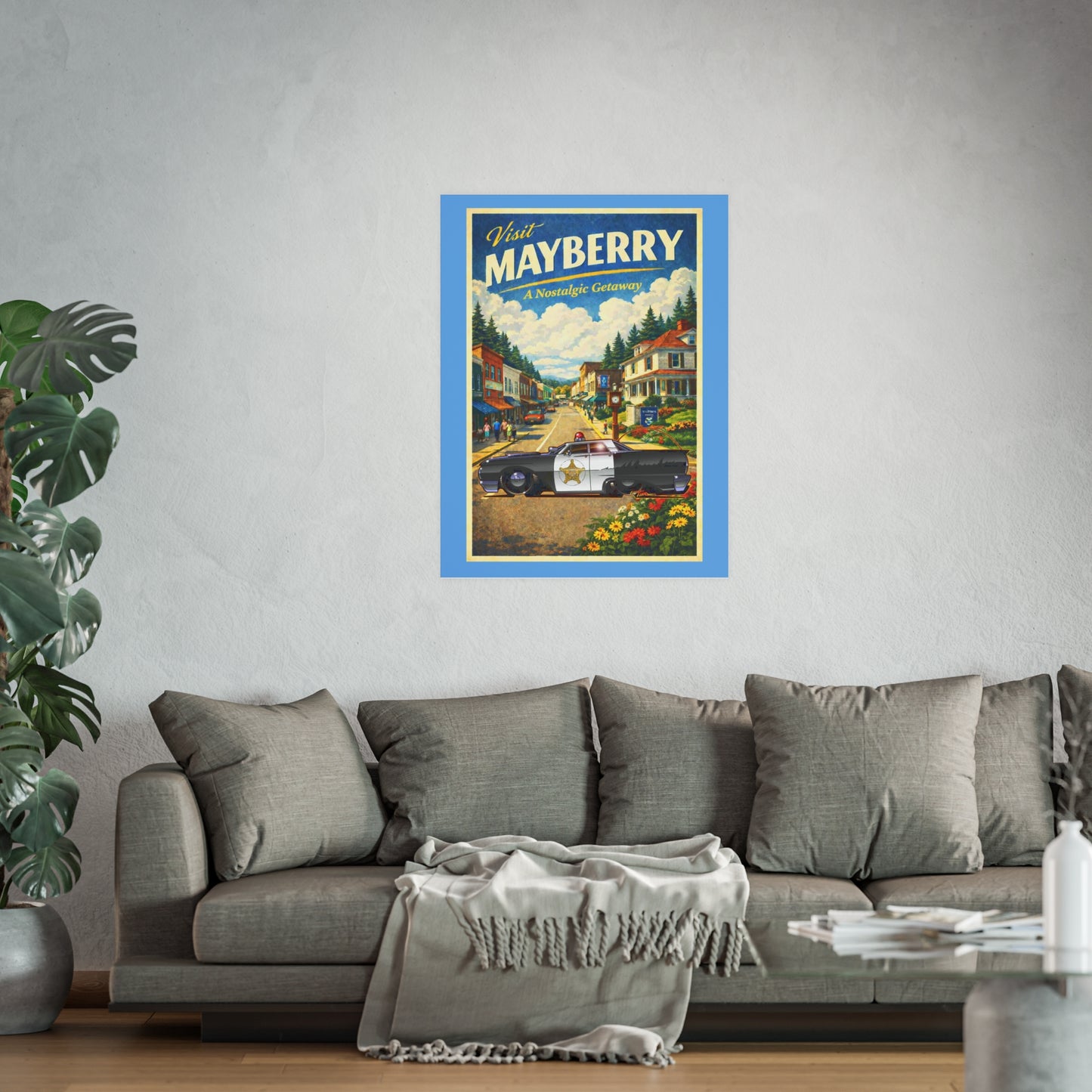 VISIT MAYBERRY Andy Griffith Police Car Vintage Fireball Art Travel Poster Satin/Matte