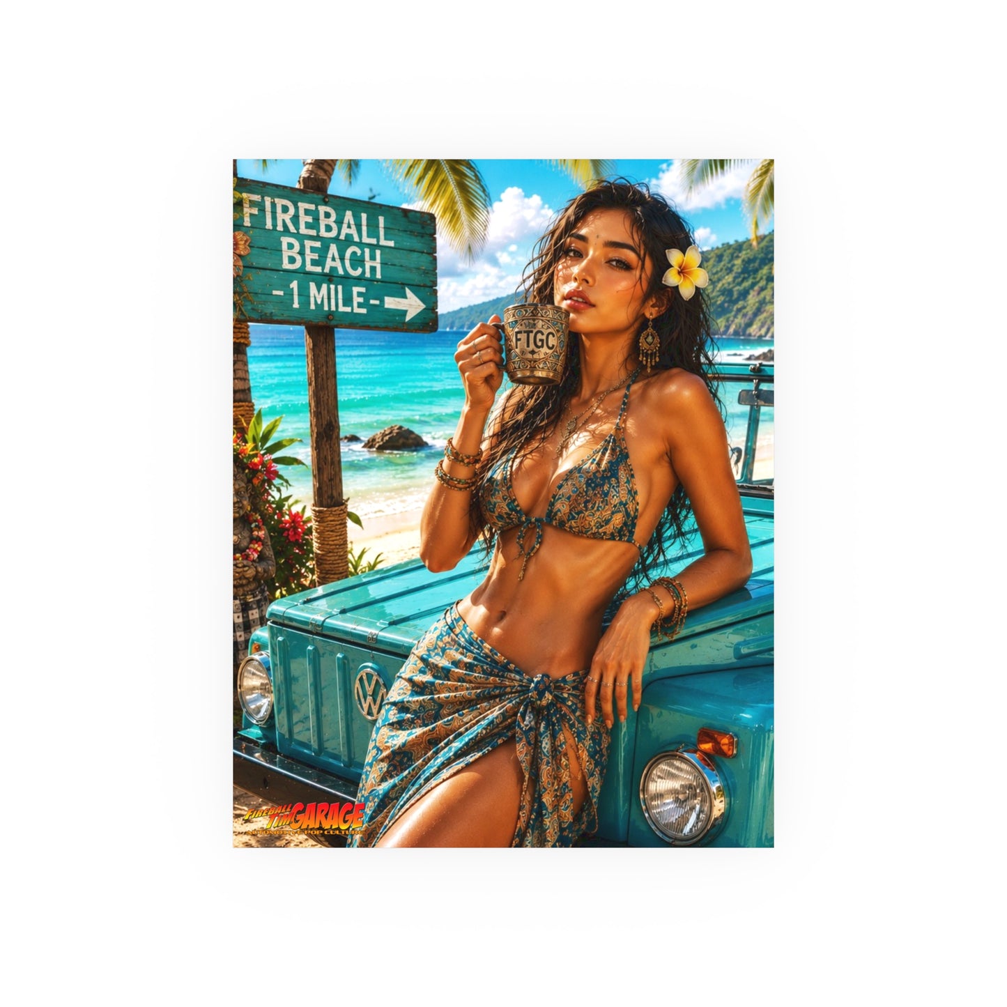 BALI BEACH VW Thing Vintage Fireball Art Travel Poster Satin/Matte