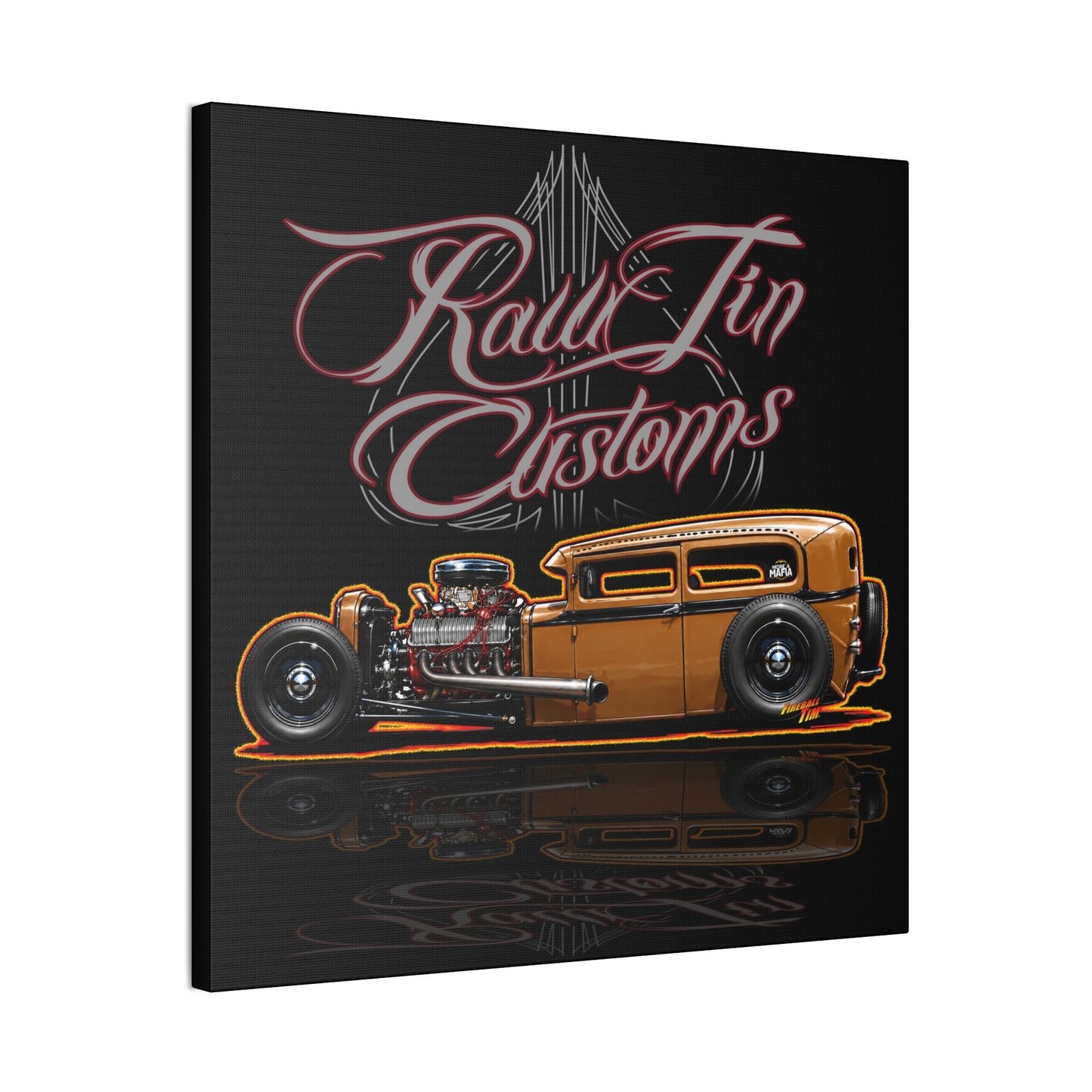 RAWTIN CUSTOMS HOT ROD Collectible Fireball Art Canvas Stretched Print