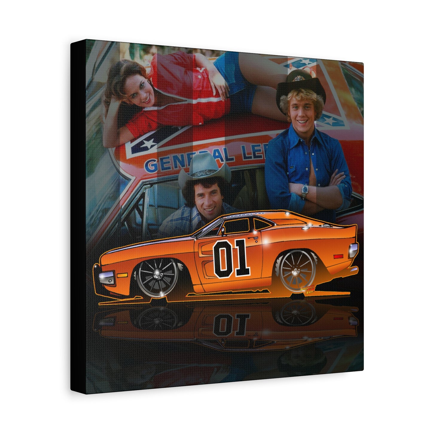 DUKES OF HAZZARD General Lee Dodge Charger Fireball Art Canvas Wall Print - 12x12