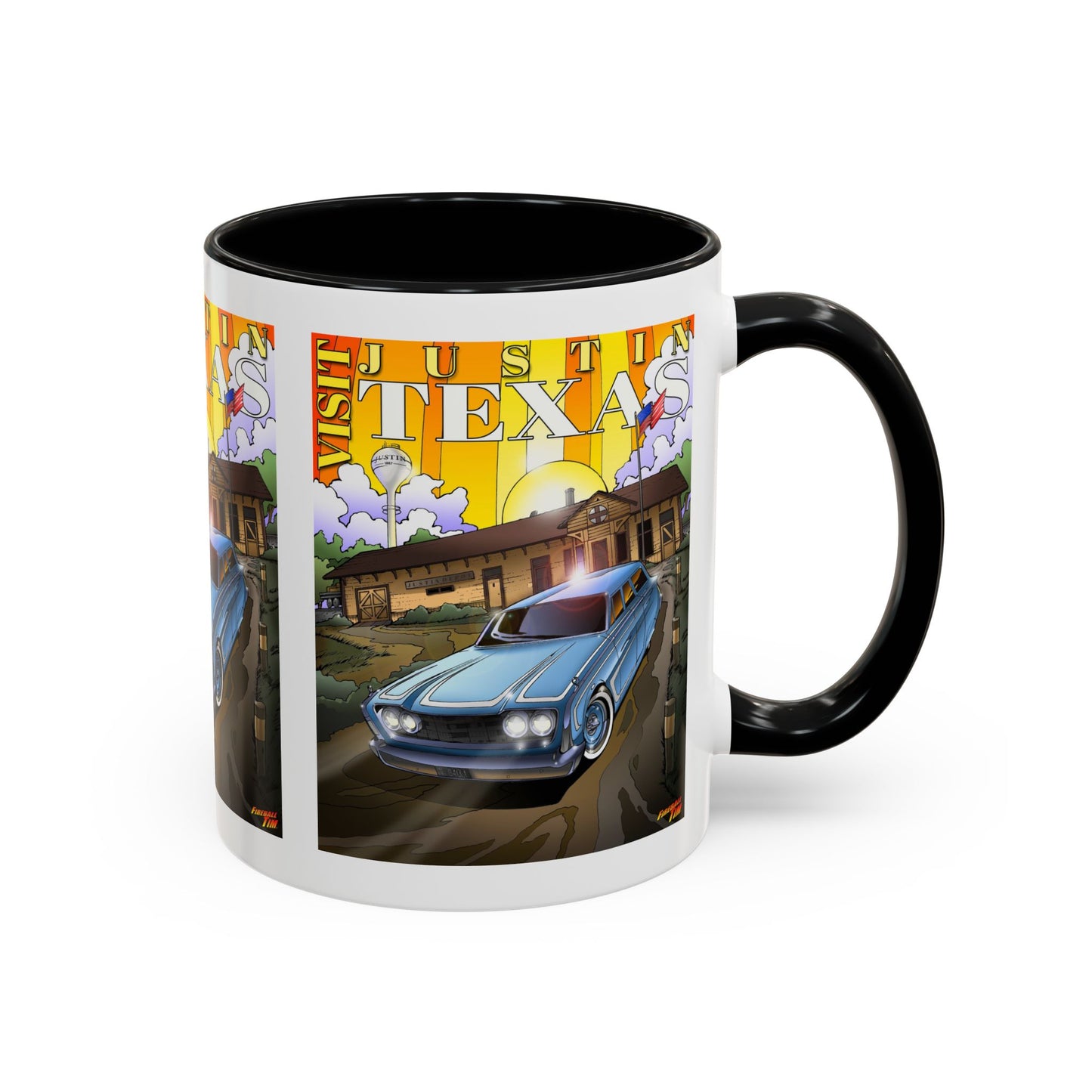 VISIT JUSTIN TEXAS 1960 Ford Ranch Wagon Fireball Art Coffee Mug
