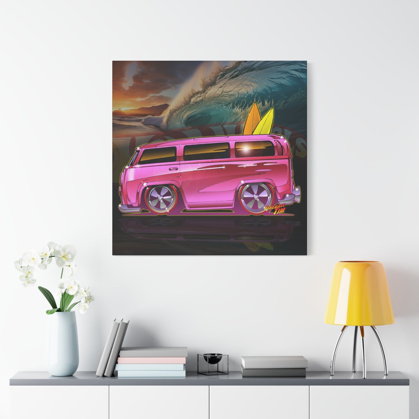 HOT WHEELS PINK BEACH BOMB BUS Fireball Art Canvas Print