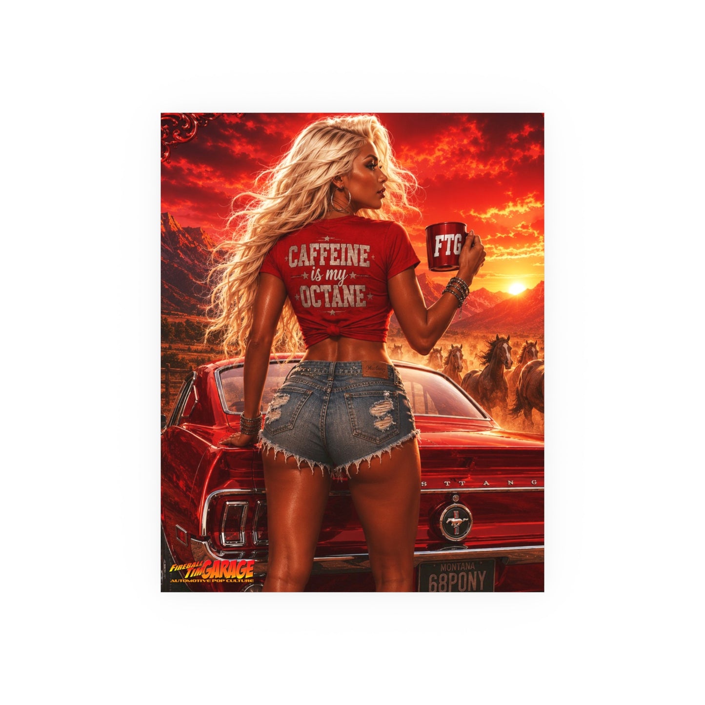 CINNABON FIRE ROAST Ford Mustang Vintage Fireball Art Travel Pinup Poster