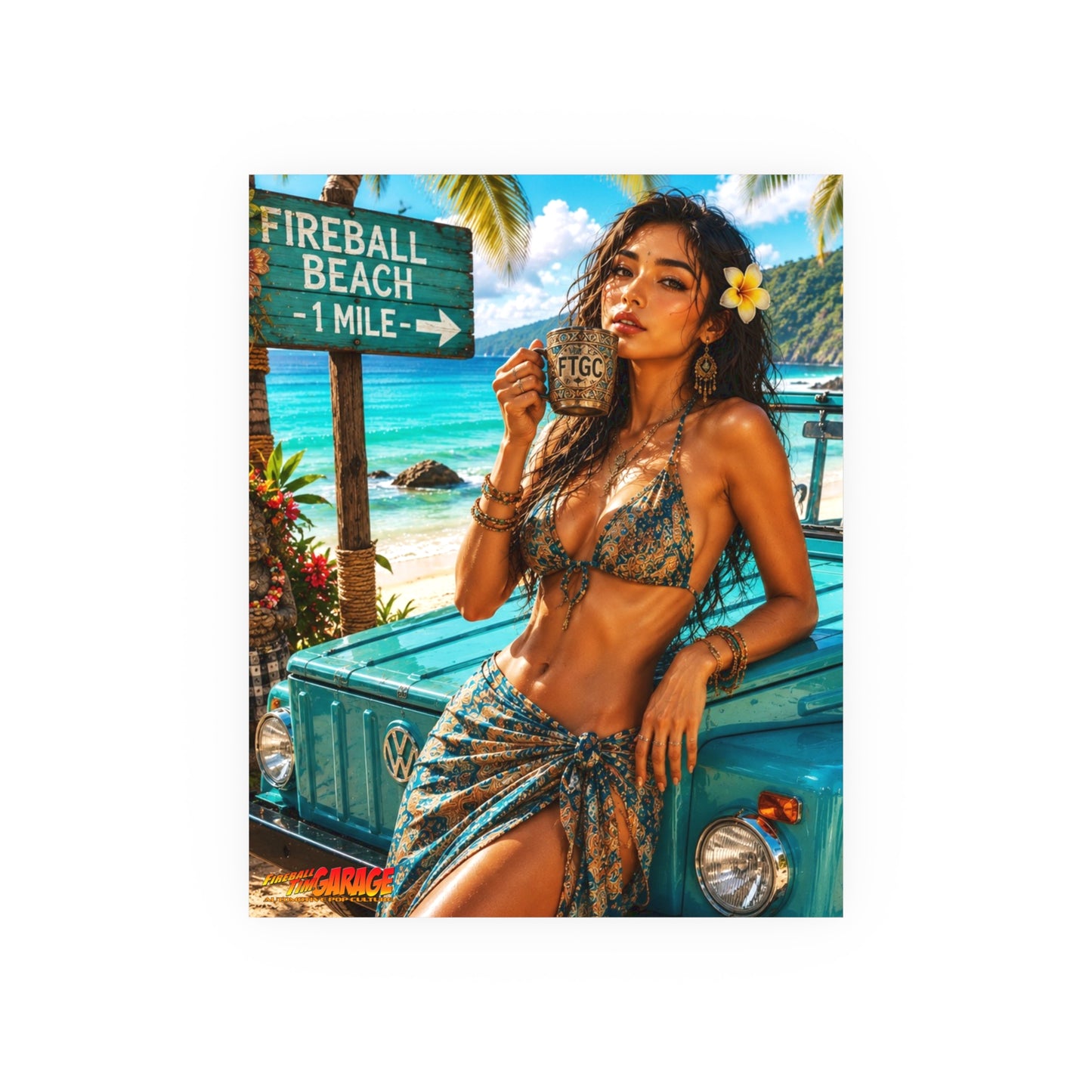 BALI BEACH VW Thing Vintage Fireball Art Travel Poster Satin/Matte