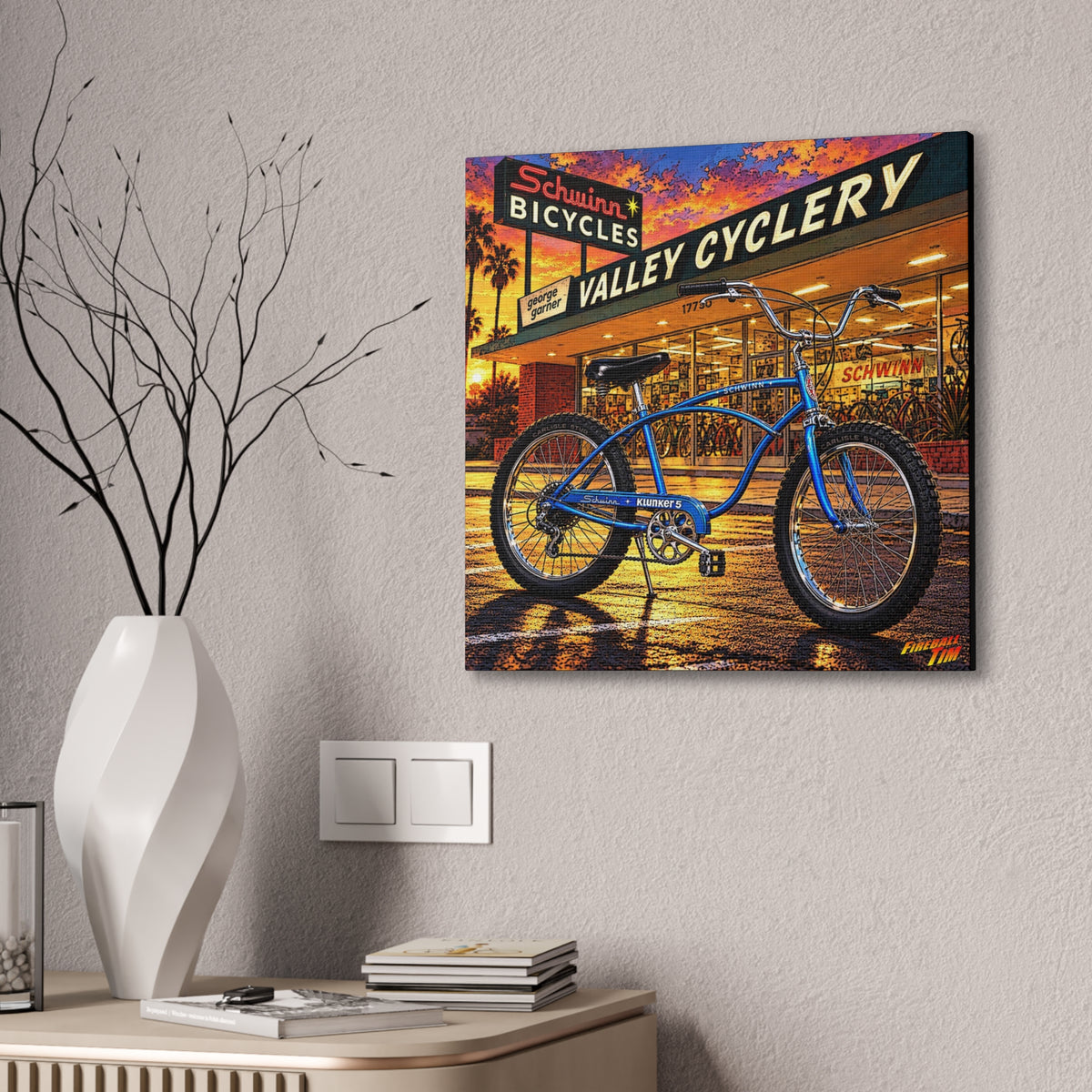 SCHWINN KLUNKER 5 BICYCLE Collectible Fireball Art Canvas Stretched Print