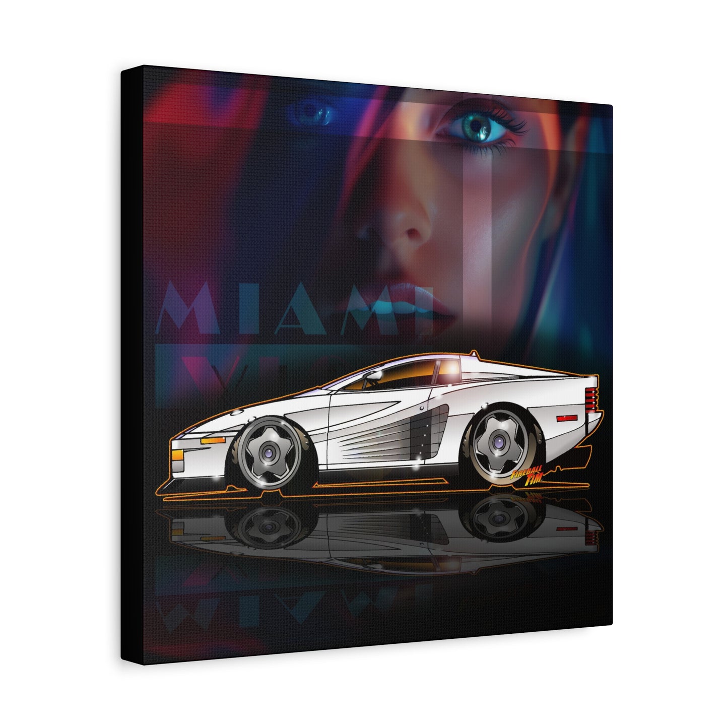 MIAMI VICE FERRARI TESTAROSSA Fireball Canvas Art Wall Print - 12x12