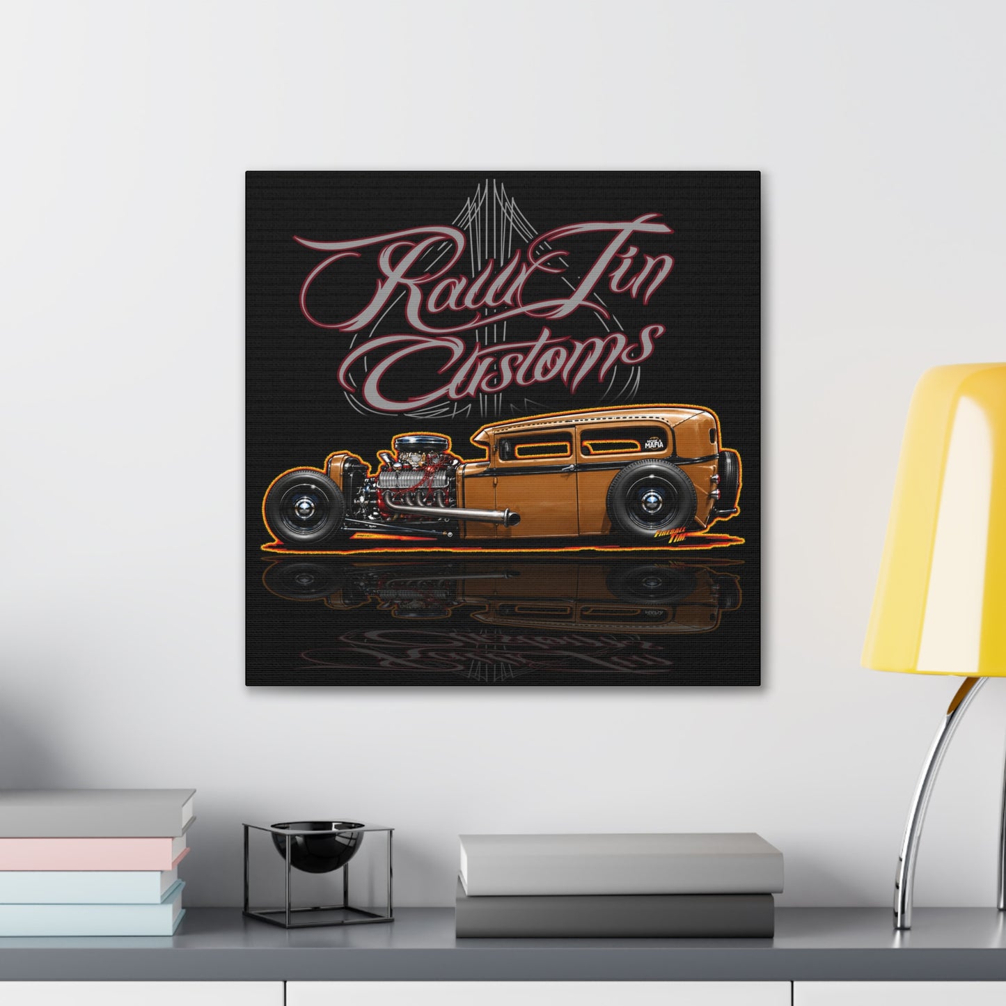 RAWTIN CUSTOMS HOT ROD Collectible Fireball Art Canvas Stretched Print
