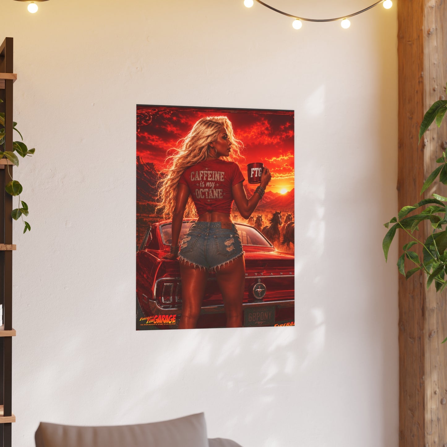 CINNABON FIRE ROAST Ford Mustang Vintage Fireball Art Travel Pinup Poster