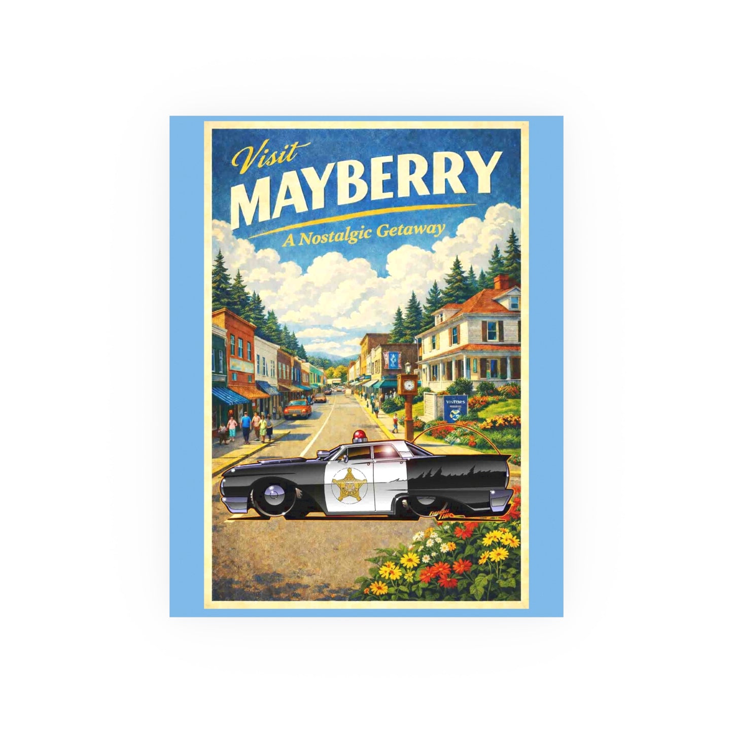VISIT MAYBERRY Andy Griffith Police Car Vintage Fireball Art Travel Poster Satin/Matte