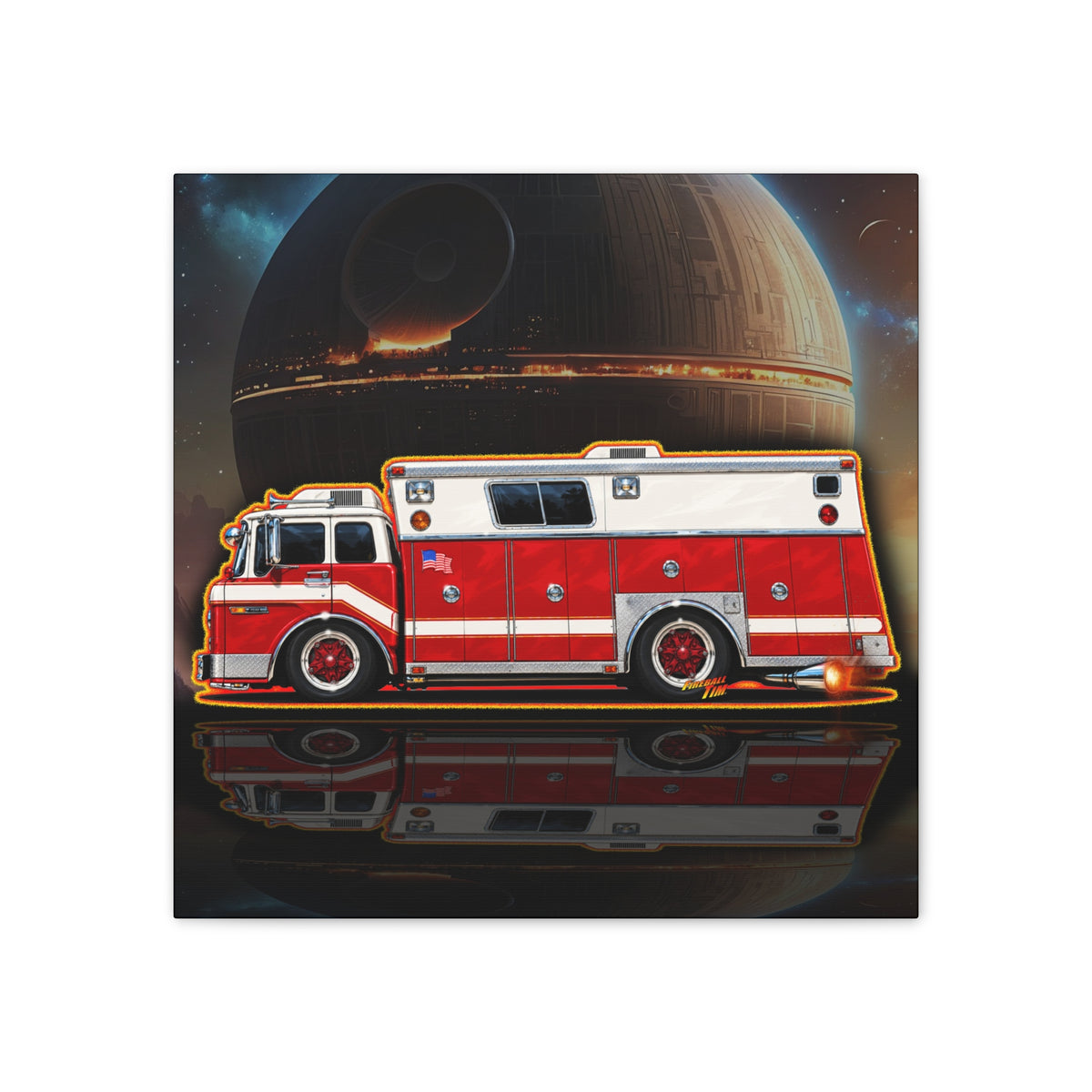FIRE TRUCK Collectible Fireball Art Canvas Stretched Print