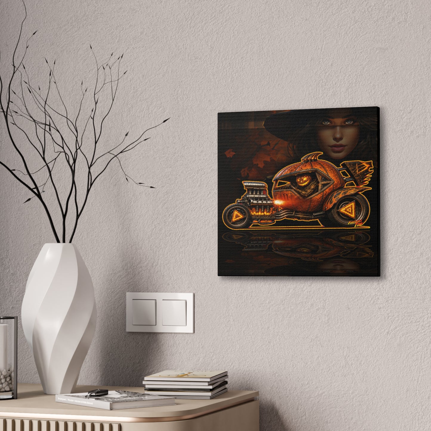 MONSTER MACHINES Halloween Power Pumpkin Collectible Fireball Art Canvas Stretched Print