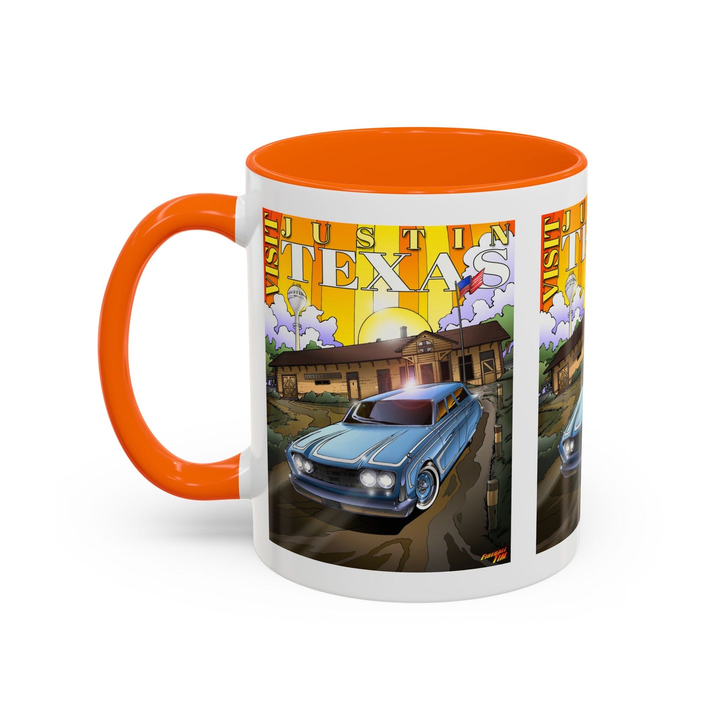 VISIT JUSTIN TEXAS 1960 Ford Ranch Wagon Fireball Art Coffee Mug