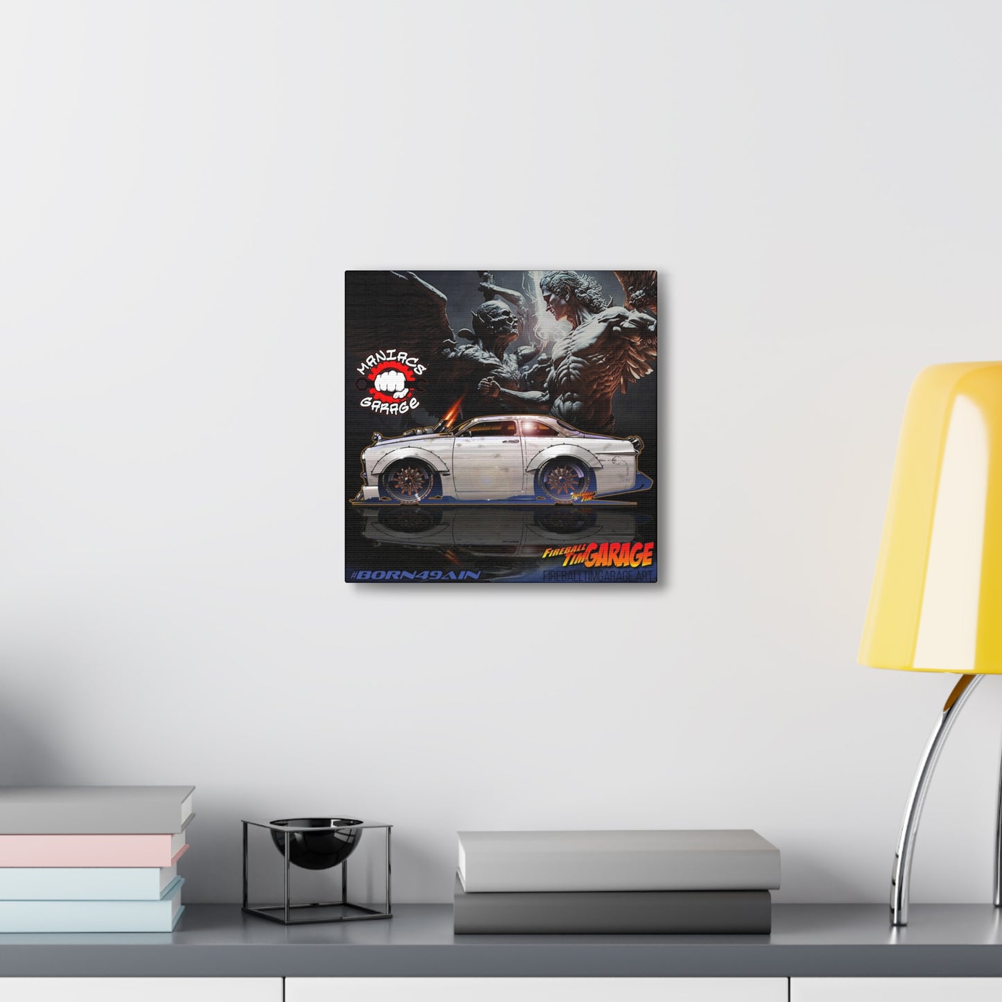 MANIACS GARAGE BORN49AIN 1949 FORD Concept Art Canvas Print 12x12