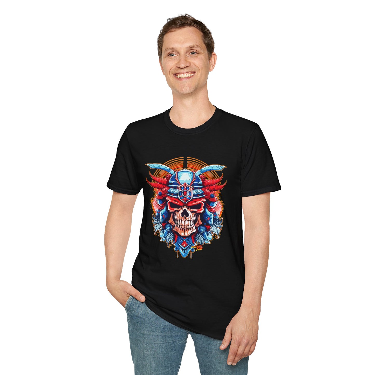 SAMURAI SKULL Fireball Art Unisex Softstyle T-Shirt - Multiple Colors