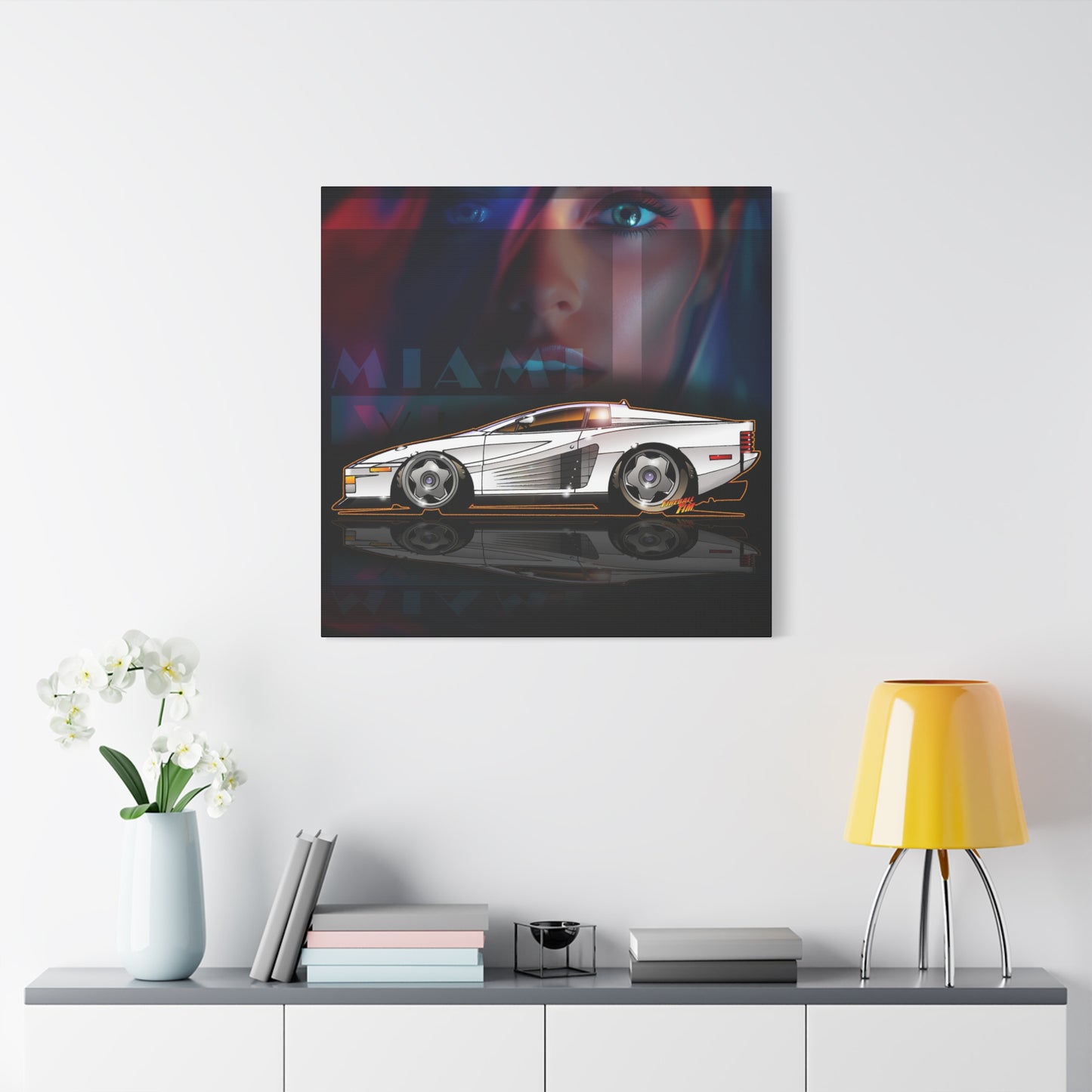 MIAMI VICE FERRARI TESTAROSSA Fireball Canvas Art Wall Print - 12x12