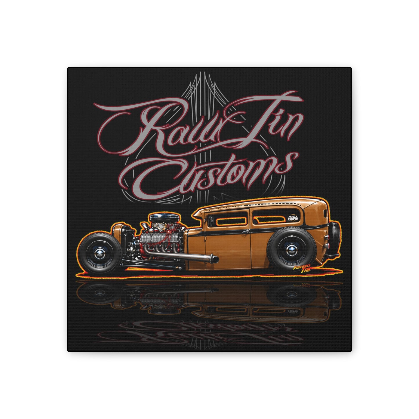 RAWTIN CUSTOMS HOT ROD Collectible Fireball Art Canvas Stretched Print