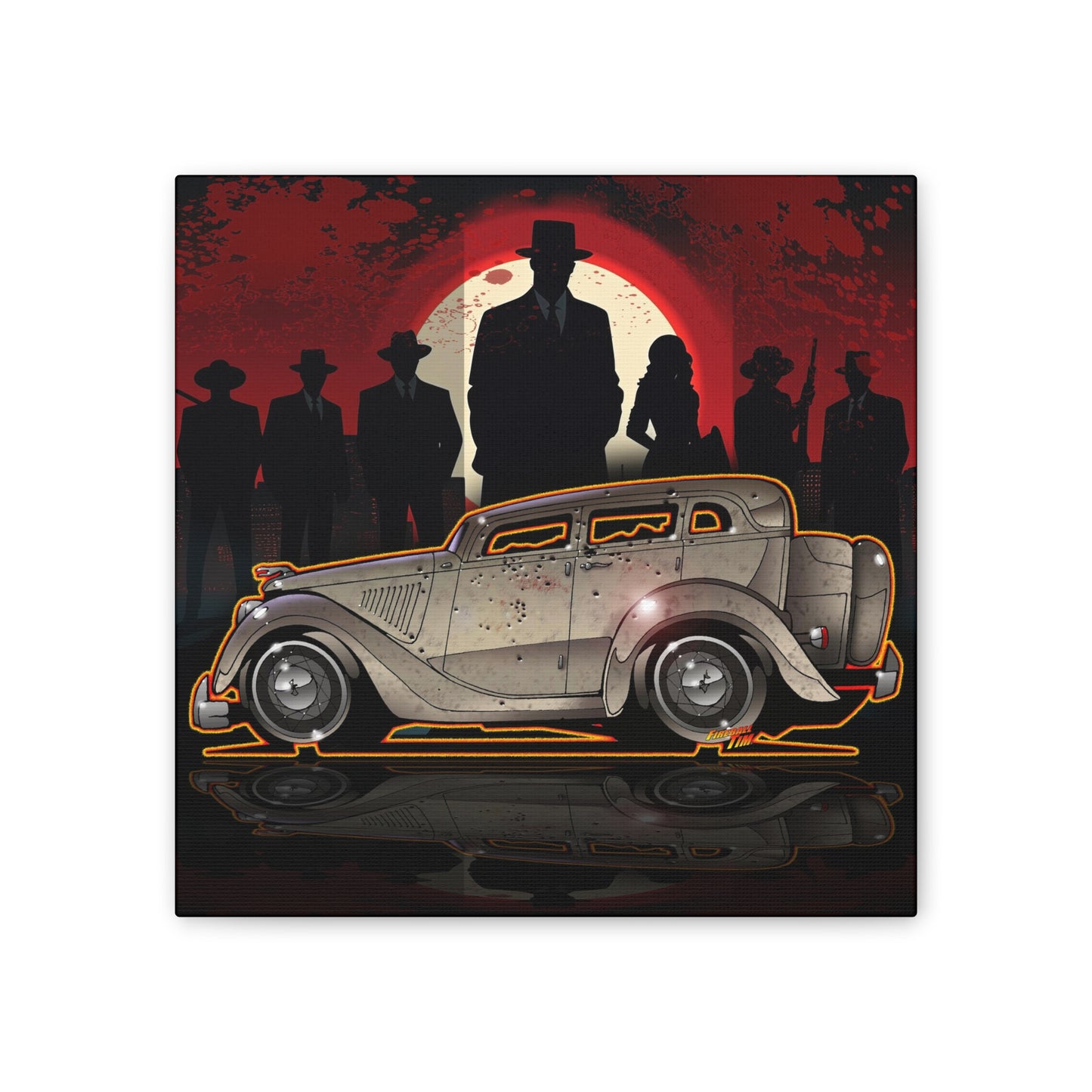 BONNIE & CLYDE 1934 Ford Model 730 Deluxe Sedan Fireball Art Canvas Print - 12x12