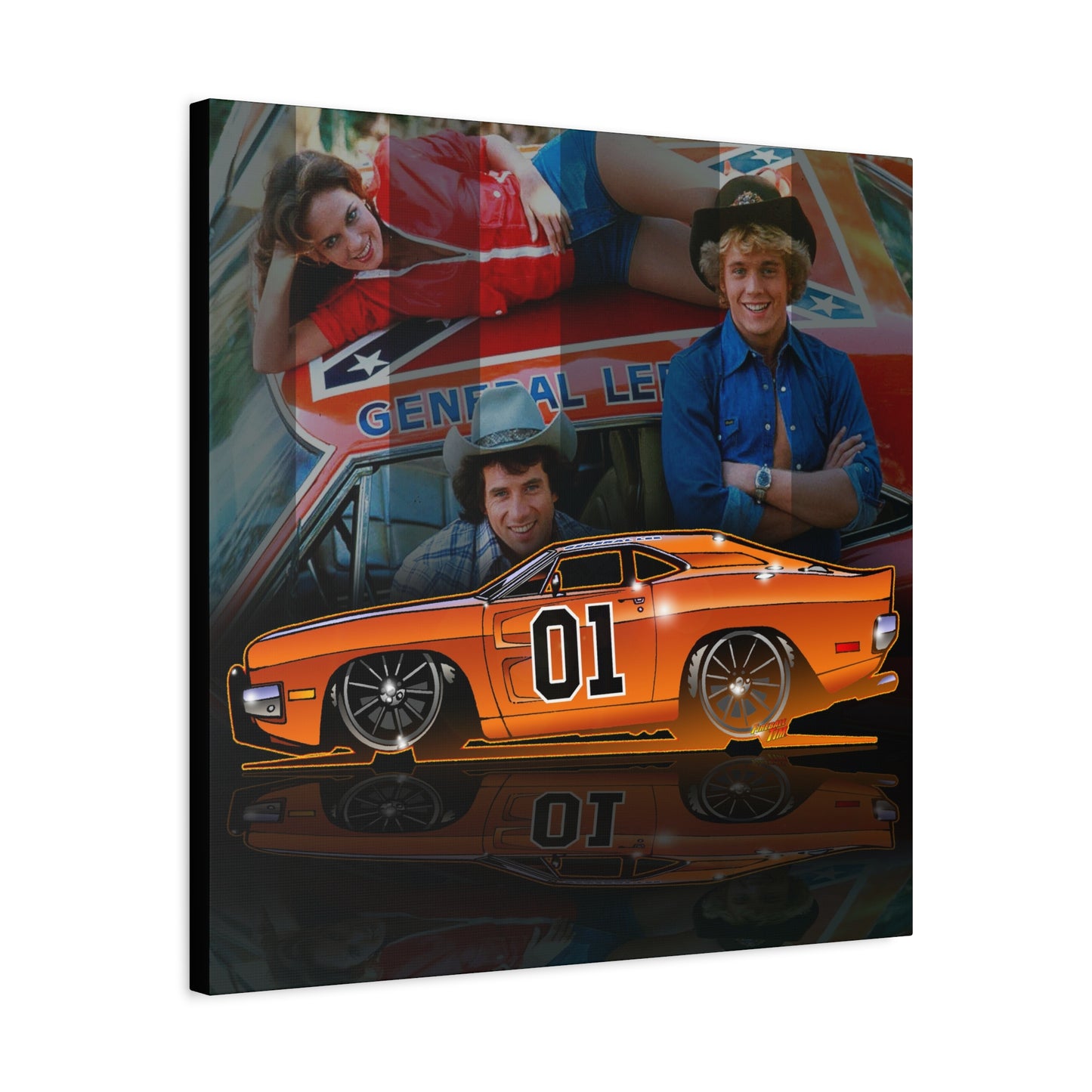 DUKES OF HAZZARD General Lee Dodge Charger Fireball Art Canvas Wall Print - 12x12