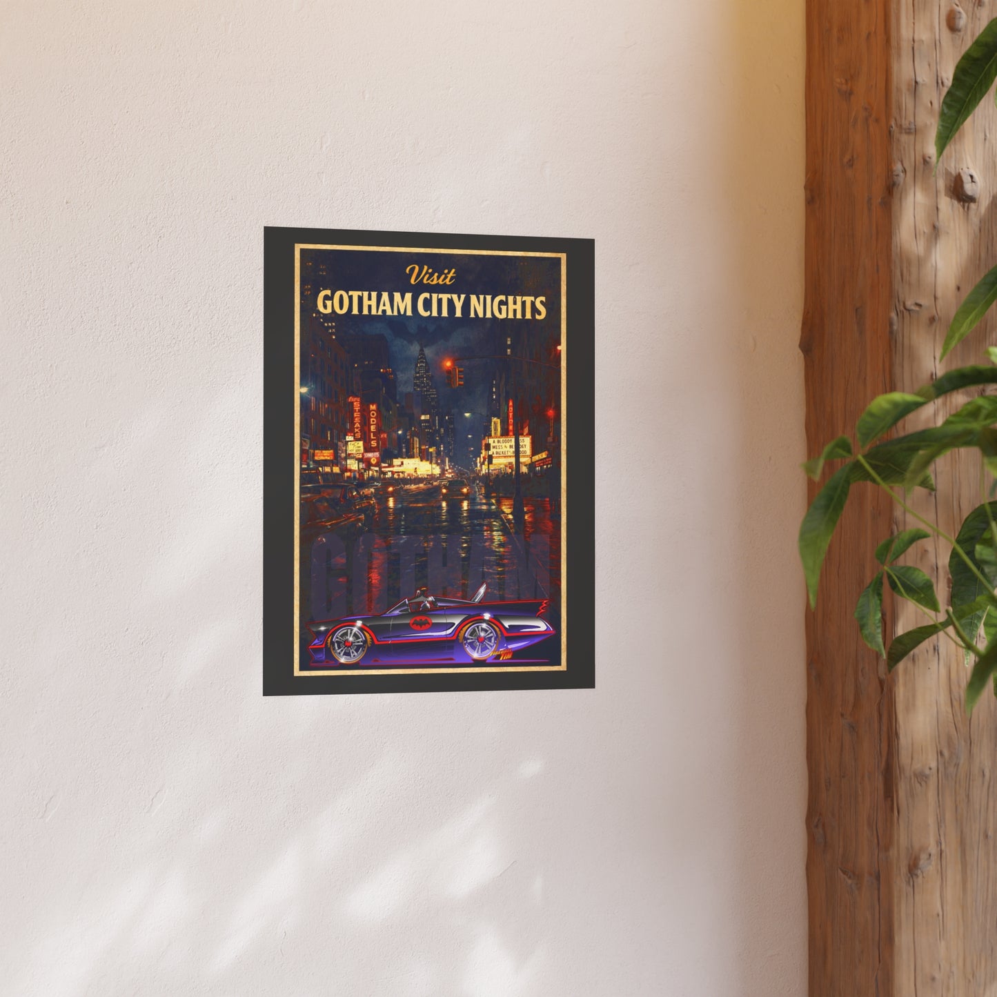 VISIT GOTHAM CITY NIGHTS 1966 Batmobile Vintage Fireball Art Travel Poster Satin/Matte