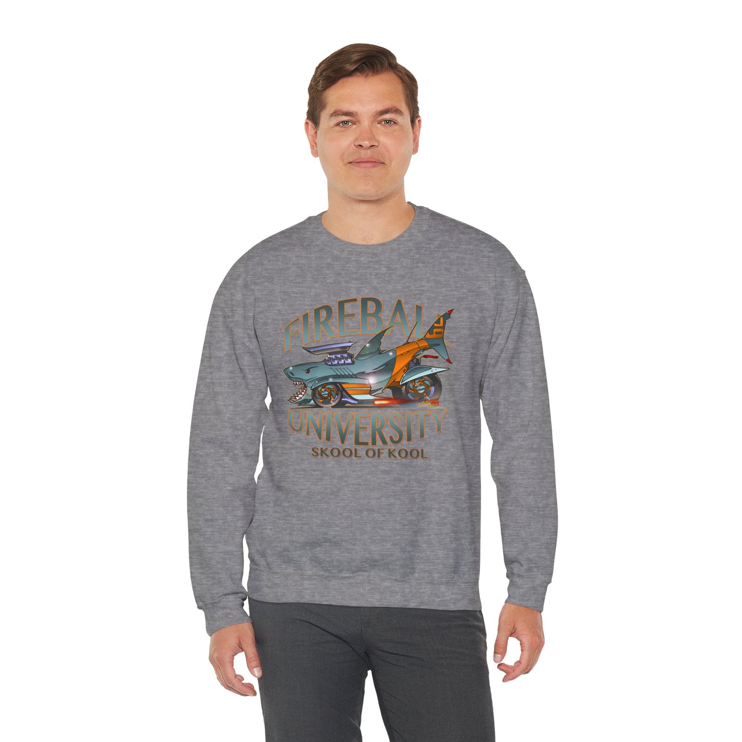 FIREBALL UNIVERSITY Skool of Kool Maneater Shark Hot Rod Concept Art Sweatshirt 5 Colors