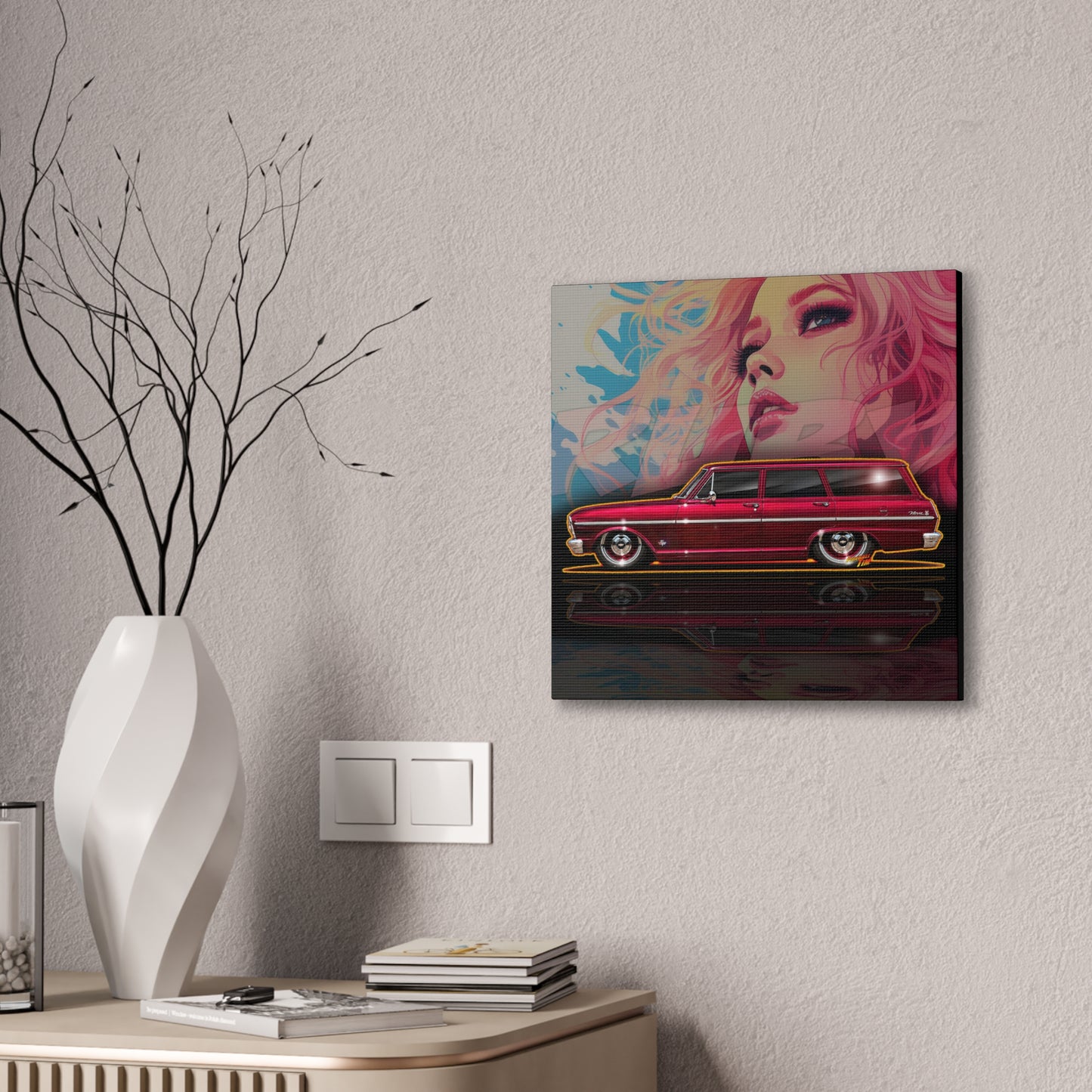 CHEVY NOVA WAGON 1965 Collectible Fireball Art Canvas Stretched Print
