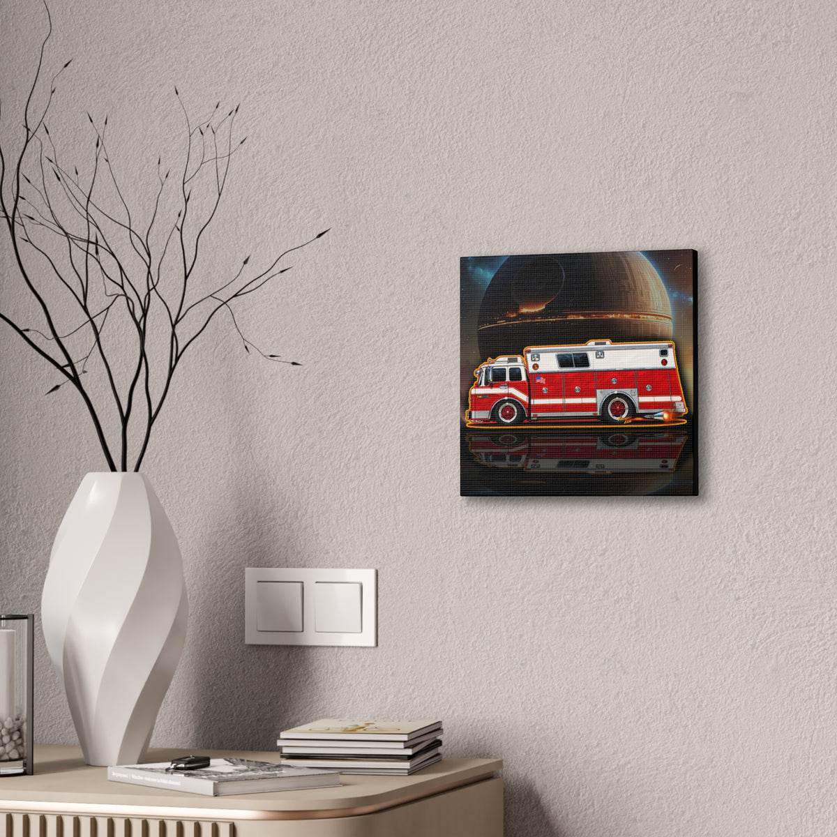 FIRE TRUCK Collectible Fireball Art Canvas Stretched Print