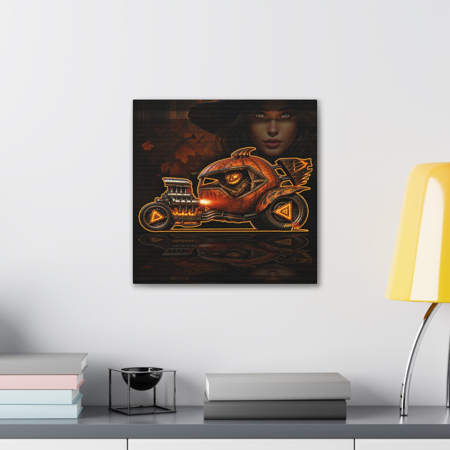 MONSTER MACHINES Halloween Power Pumpkin Collectible Fireball Art Canvas Stretched Print