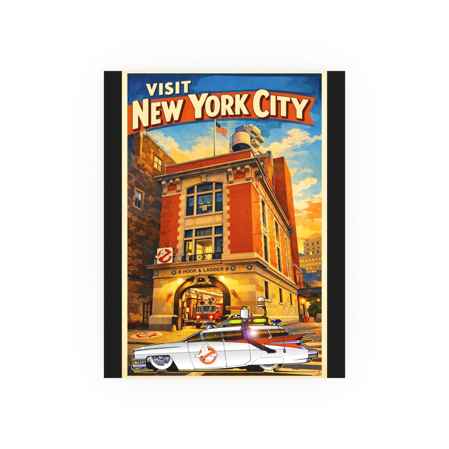VISIT NEW YORK CITY Vintage Ghostbusters Cadillac Ambulance Fireball Art Travel Poster