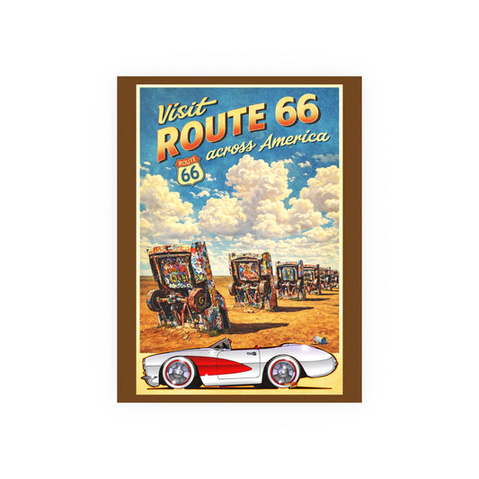 VISIT ROUTE 66 Cadillac Ranch Corvette #1 Vintage Fireball Art Travel Poster