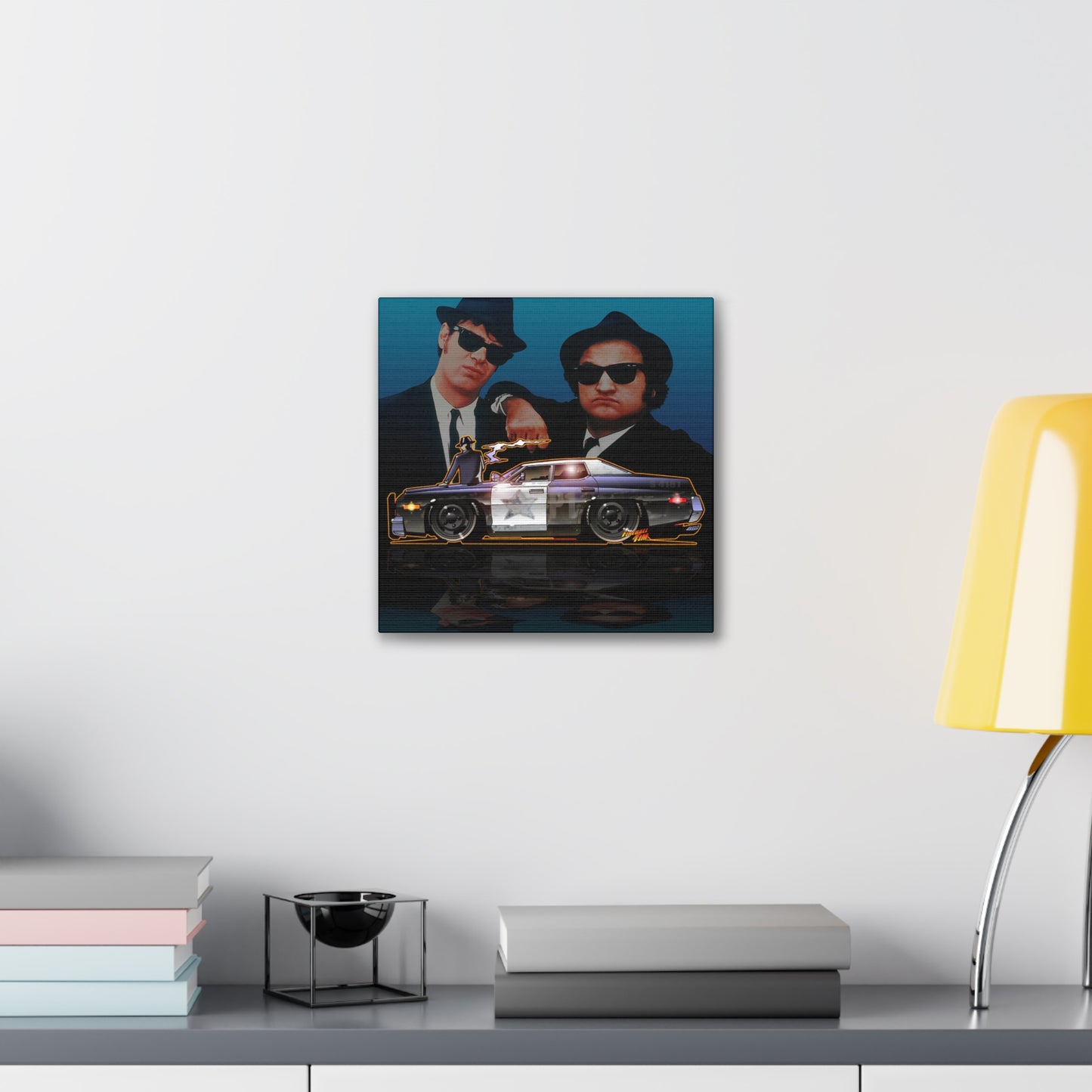 Retro BLUES BROTHERS BLUESMOBILE Canvas Art - Cool Car & Iconic Duo 2 Sizes