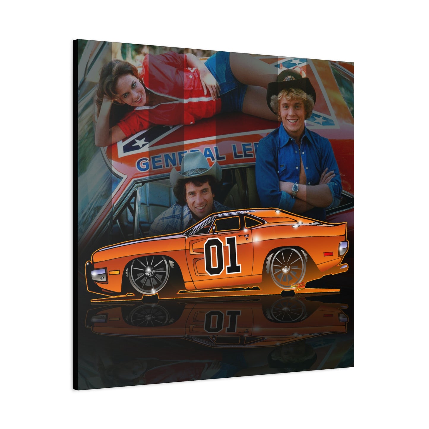 DUKES OF HAZZARD General Lee Dodge Charger Fireball Art Canvas Wall Print - 12x12
