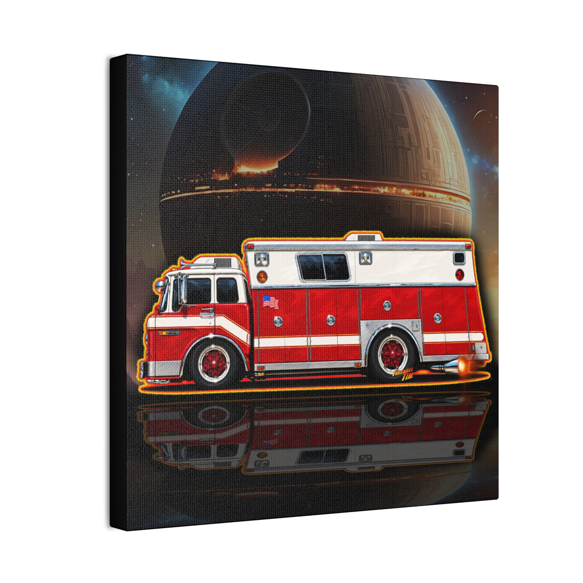 FIRE TRUCK Collectible Fireball Art Canvas Stretched Print