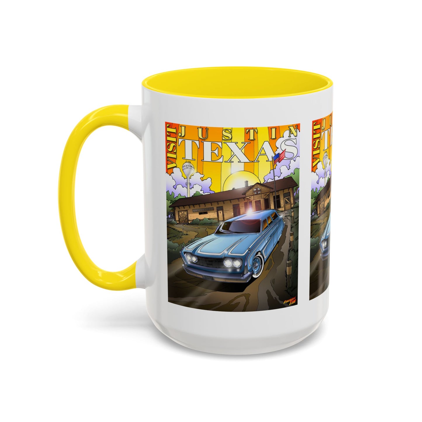 VISIT JUSTIN TEXAS 1960 Ford Ranch Wagon Fireball Art Coffee Mug