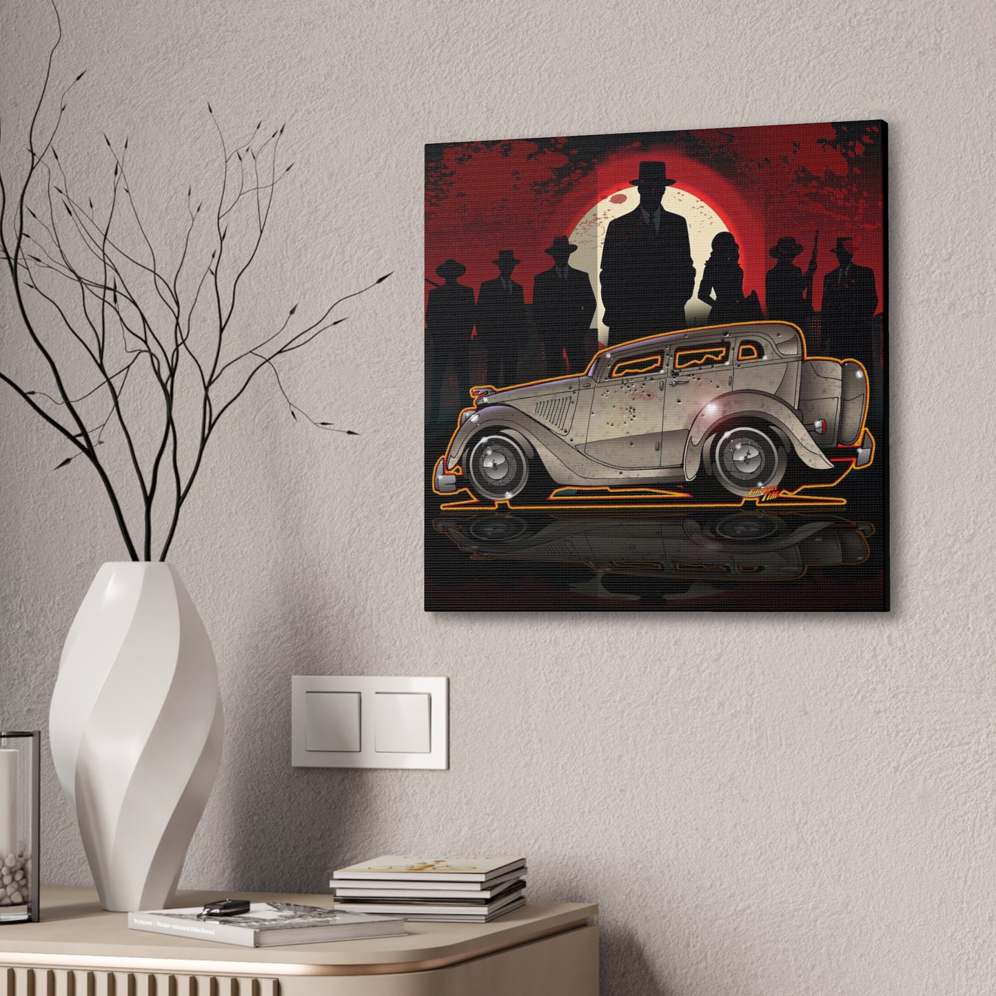 BONNIE & CLYDE 1934 Ford Model 730 Deluxe Sedan Fireball Art Canvas Print - 12x12